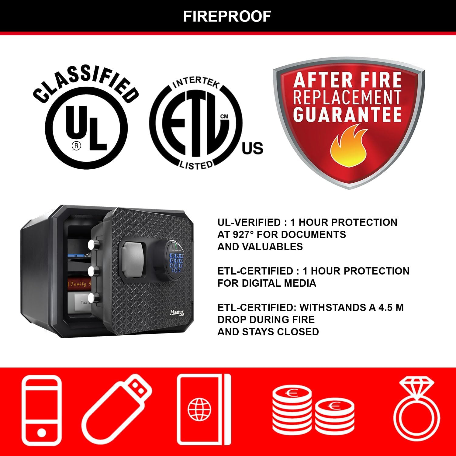 Thumbnail 2 de Master Lock Coffre-fort anti-feu et étanche 23 L, combinaison digitale rétroéclairée