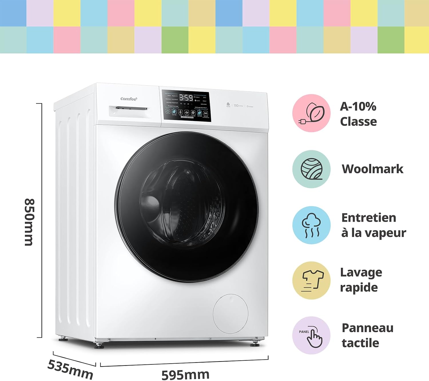 Detalle 2 de COMFEE Lave-Linge 10 kg CFE12EW100/W-FR — lavage puissant, programmes laine et vapeur