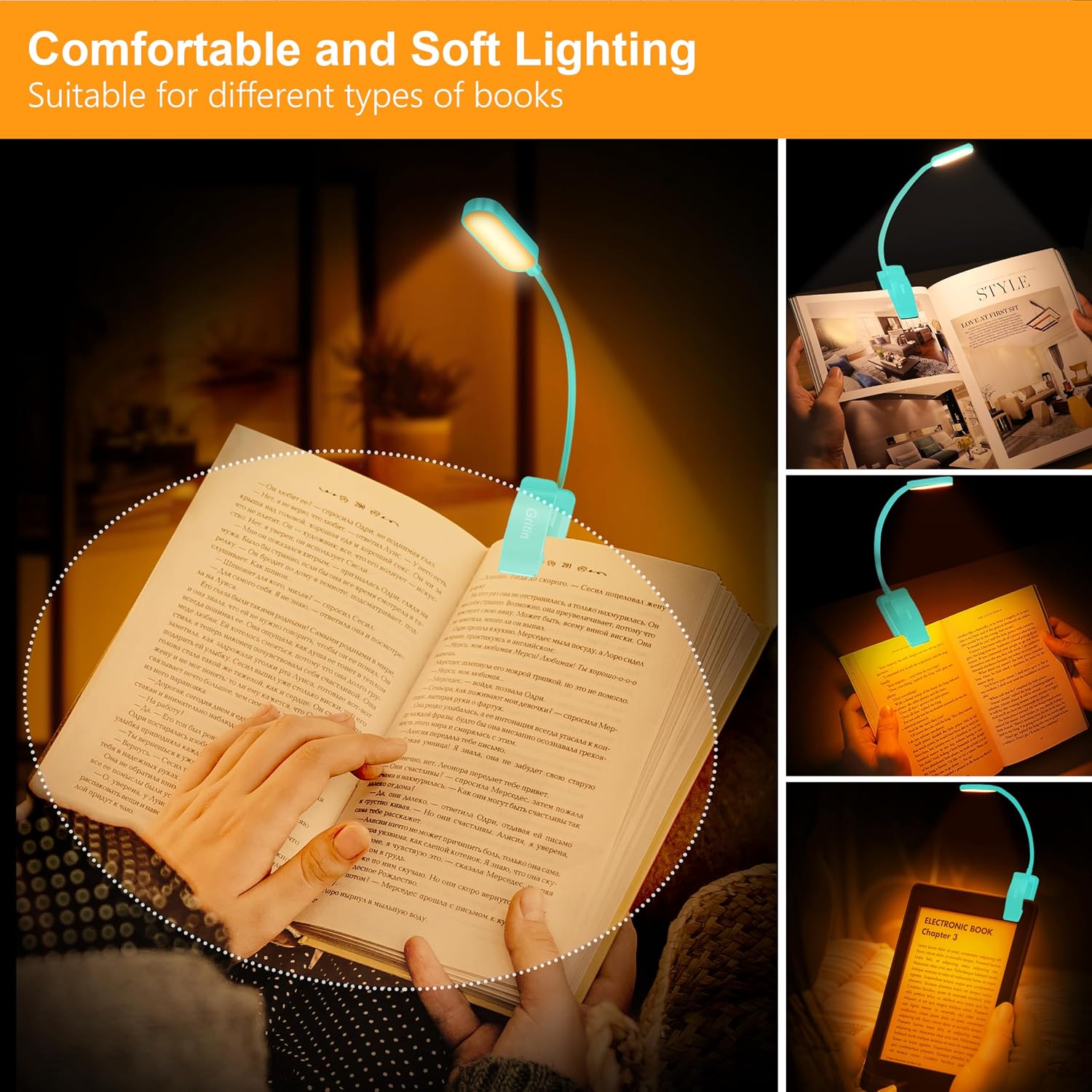 Detalle 2 de Gritin 16 LED Reading Light book light with 3 modes, stepless dimming and rechargeable battery (Blue)