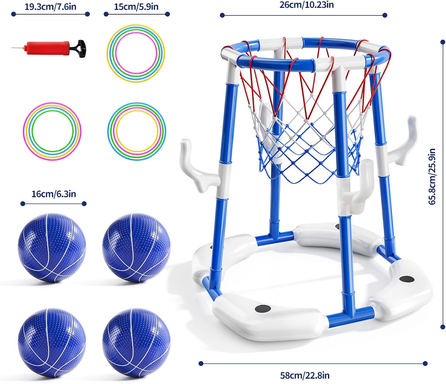 Detalle de Sitodier Pool Basketball Hoop for Kids – 2-in-1 Floating Ring Game with 4 Balls and Pump
