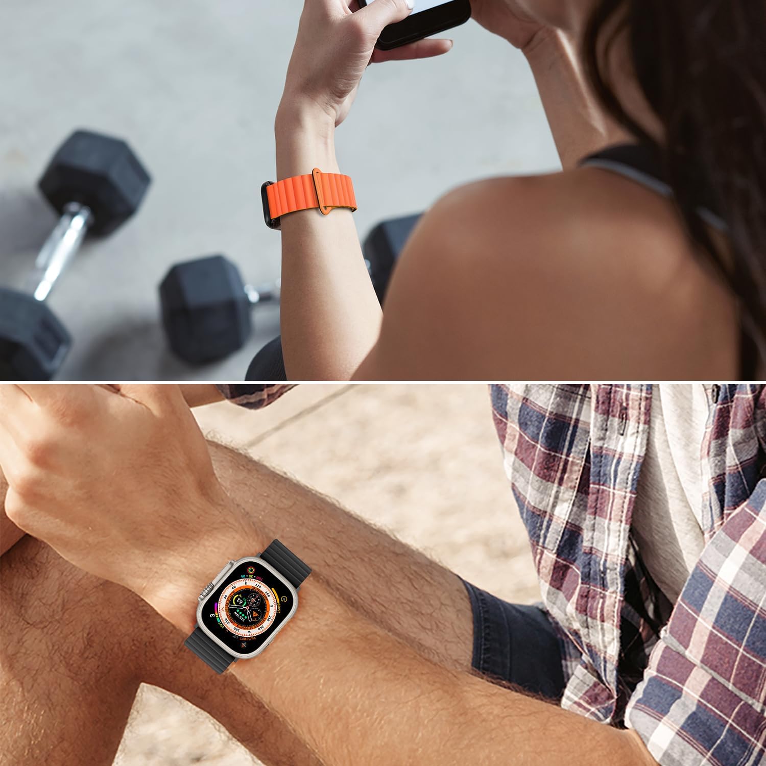 Thumbnail 6 de Anlinser Magnetic Silicone Watch Strap for Apple Watch (44–49mm): Double-Sided, Quick-Adjust, Black/Orange