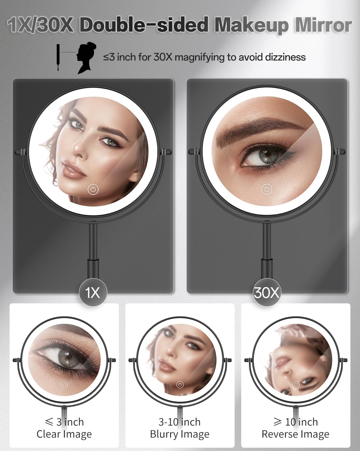 Thumbnail 2 de VFD 30X/1X Lighted Makeup Mirror with Height Adjustment and Rechargeable Battery