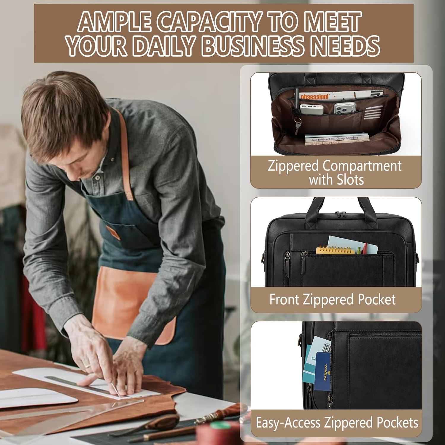 Thumbnail 3 de RAINSMORE 16-Inch Laptop Bag for Men – Waterproof PU Leather Satchel Briefcase