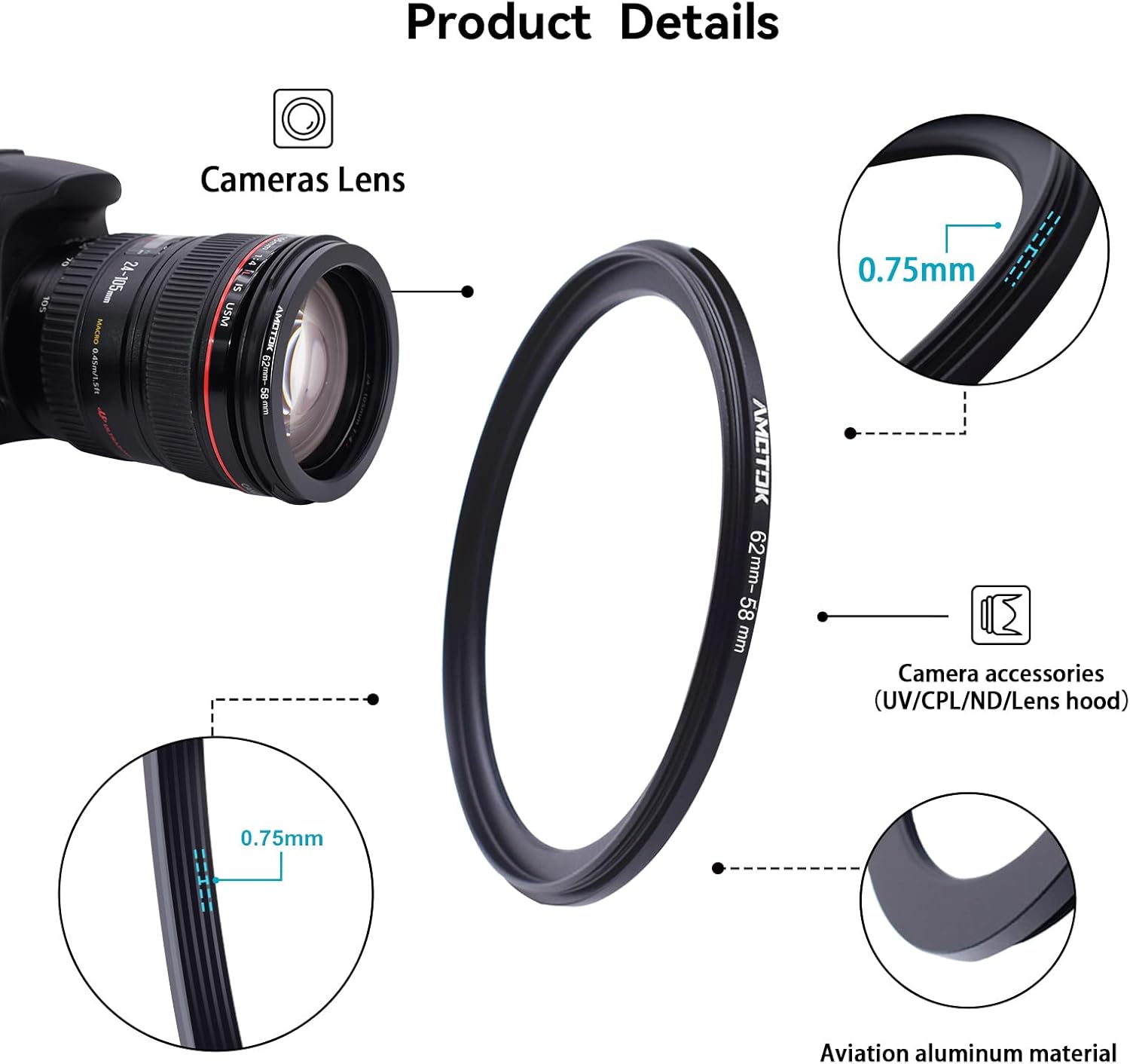 Thumbnail 2 de 62mm to 58mm Camera Lens Adapter Ring – AMOTOK 62-58mm Step Up/Down Adapter