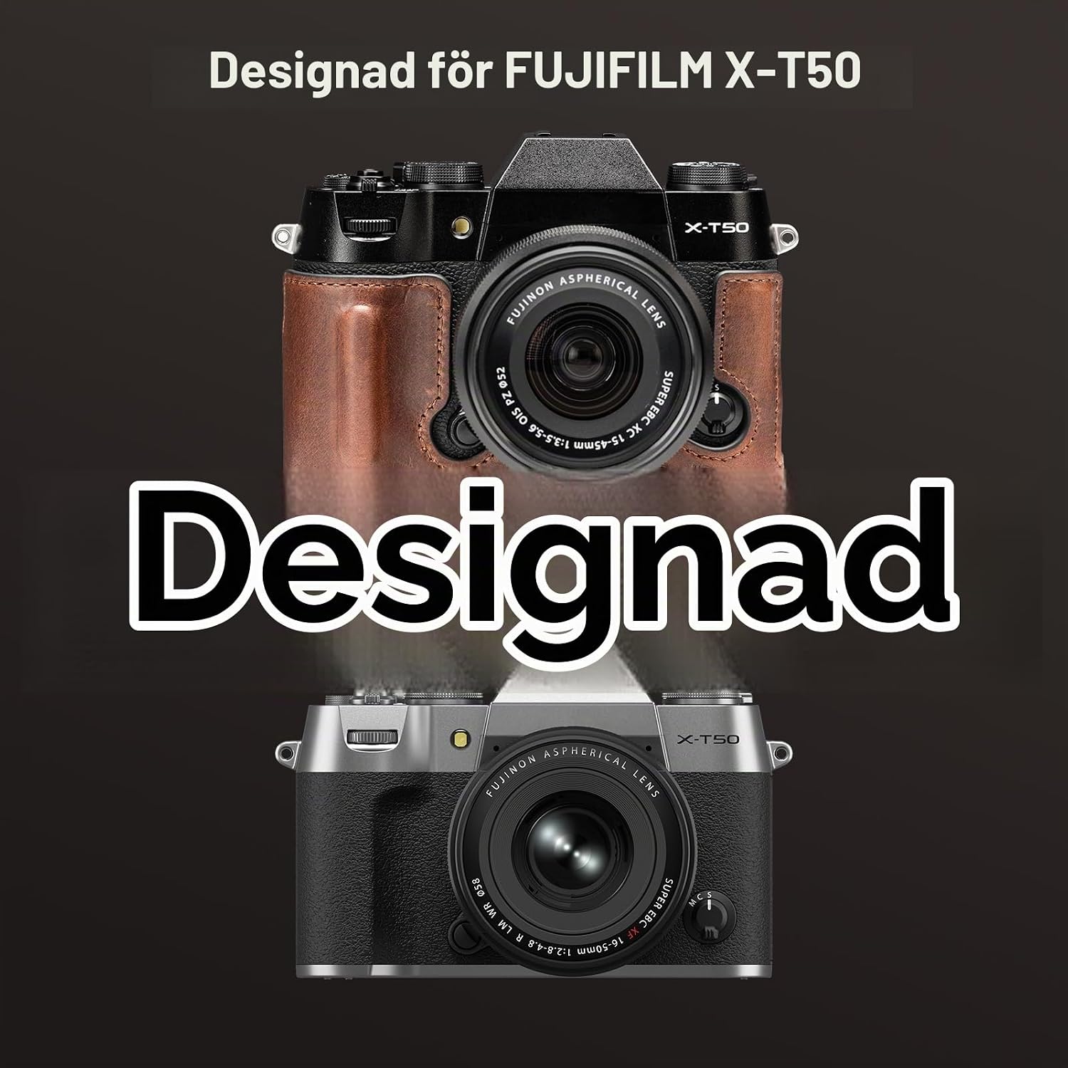 Detalle de SMALLRIG 4710 halvfodral för FUJIFILM X-T50 i brunt läder med axelrem