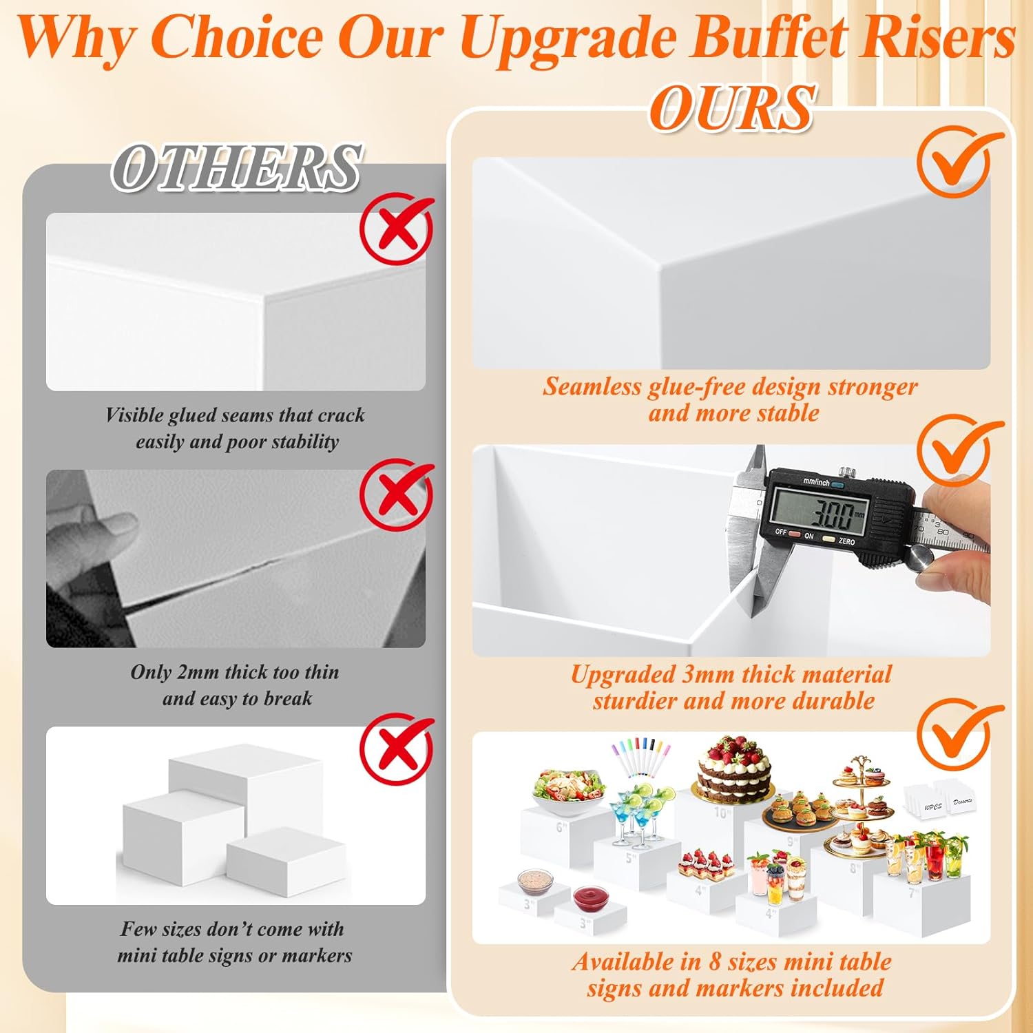 Thumbnail 2 de 10 Pcs White Acrylic Buffet Risers with Mini Sign & Marker — 2-in-1 Nesting Display Stands for Buffet, Desserts, Jewelry and Collectibles