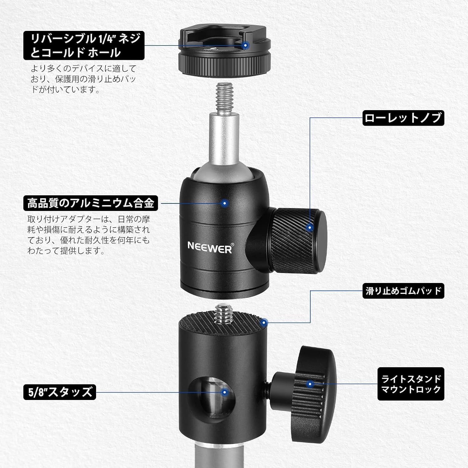 Detalle de NEEWER ライトスタンドマウントアダプター 1/4インチネジ・コールドシュー・ミニボールヘッド付き