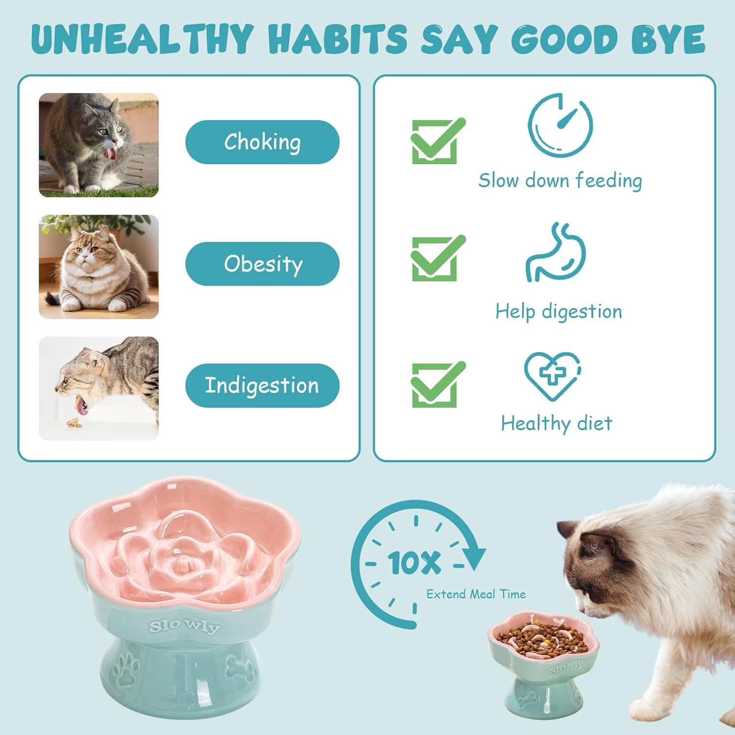 Thumbnail 5 de MEETOZ Raised Slow Feeder Cat Bowl (Ceramic, 5.8in) – Pink flower-shaped elevated slow feeder