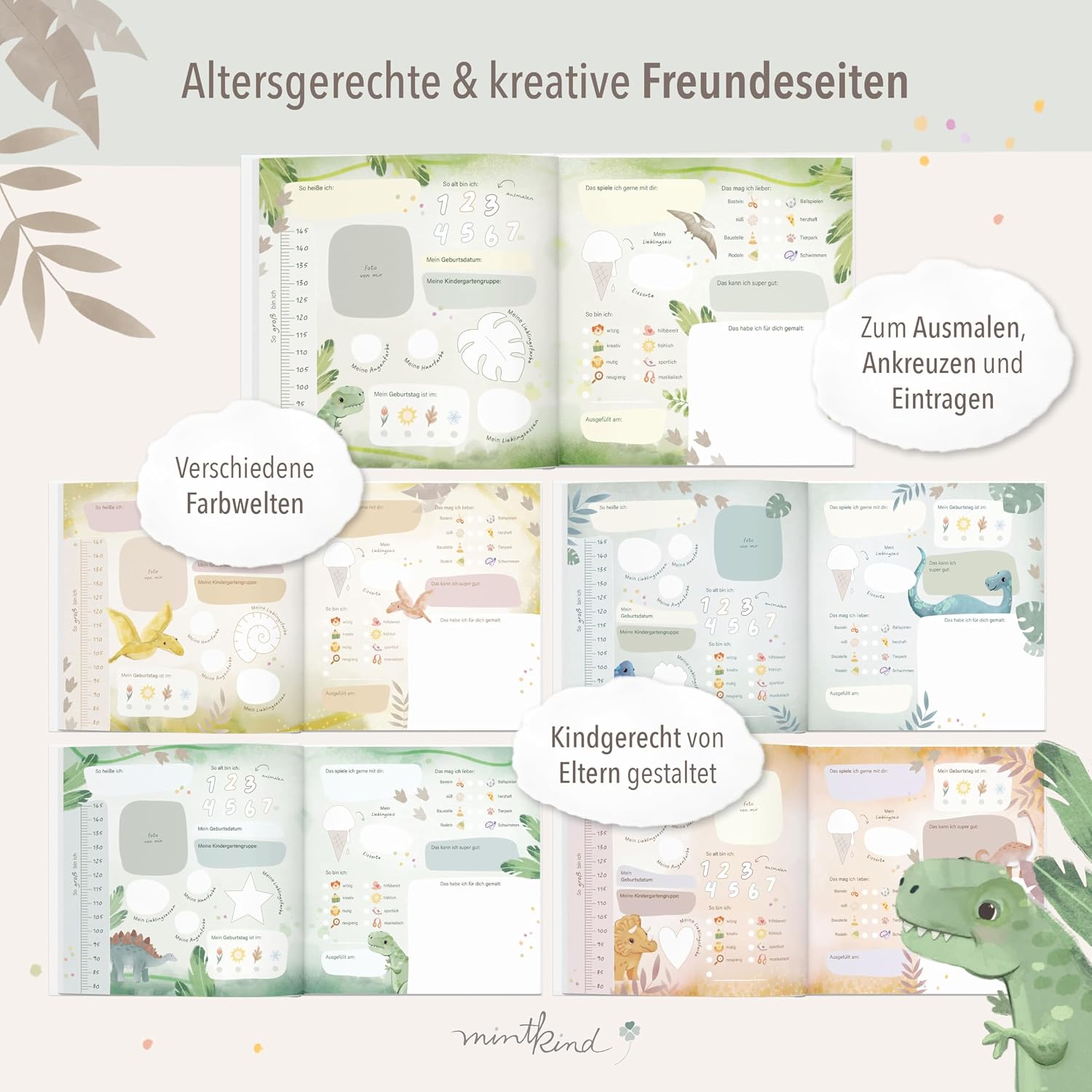 Detalle de mintkind Freundebuch Kindergarten Dino 21x21 Hardcover – 80 Seiten, Goldprägung
