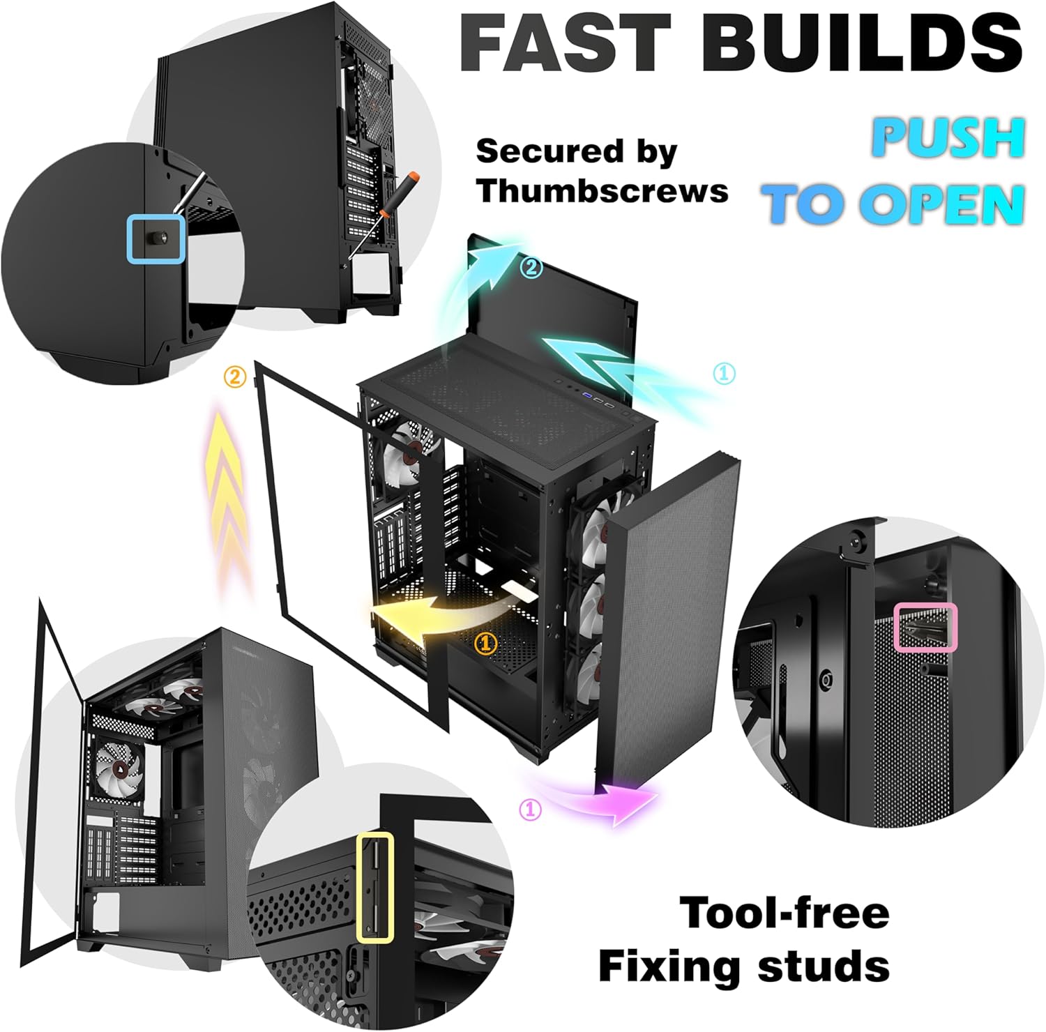 Detalle de KEDIERS PC-Gehäuse H05 (ATX Mid Tower) mit 6× PWM ARGB-Lüftern, gehärtetes Glas und USB-I/O, schwarz