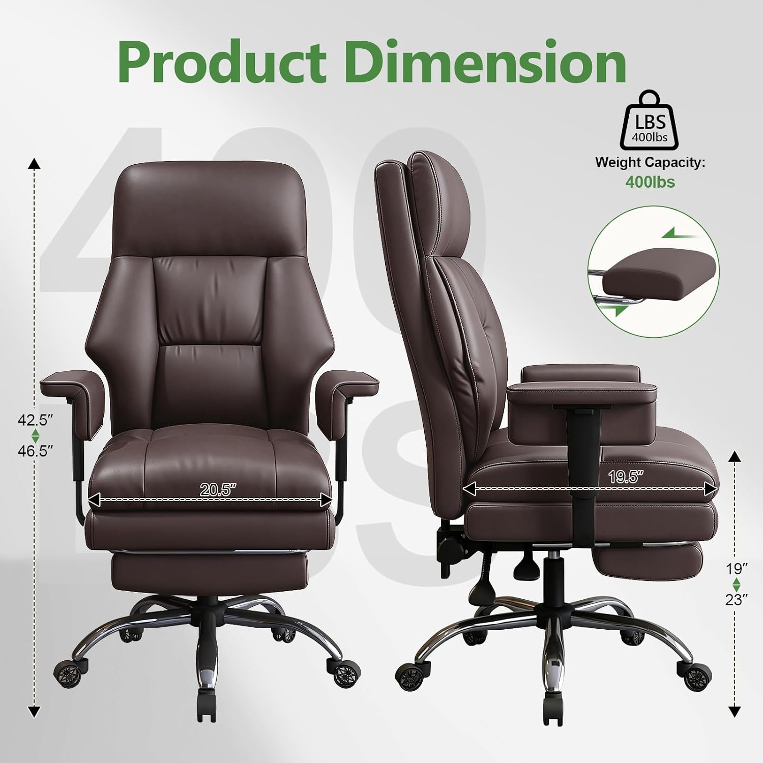 Detalle de XUEGW 850-Brown Executive Office Chair, 135° Recline and Retractable Footrest
