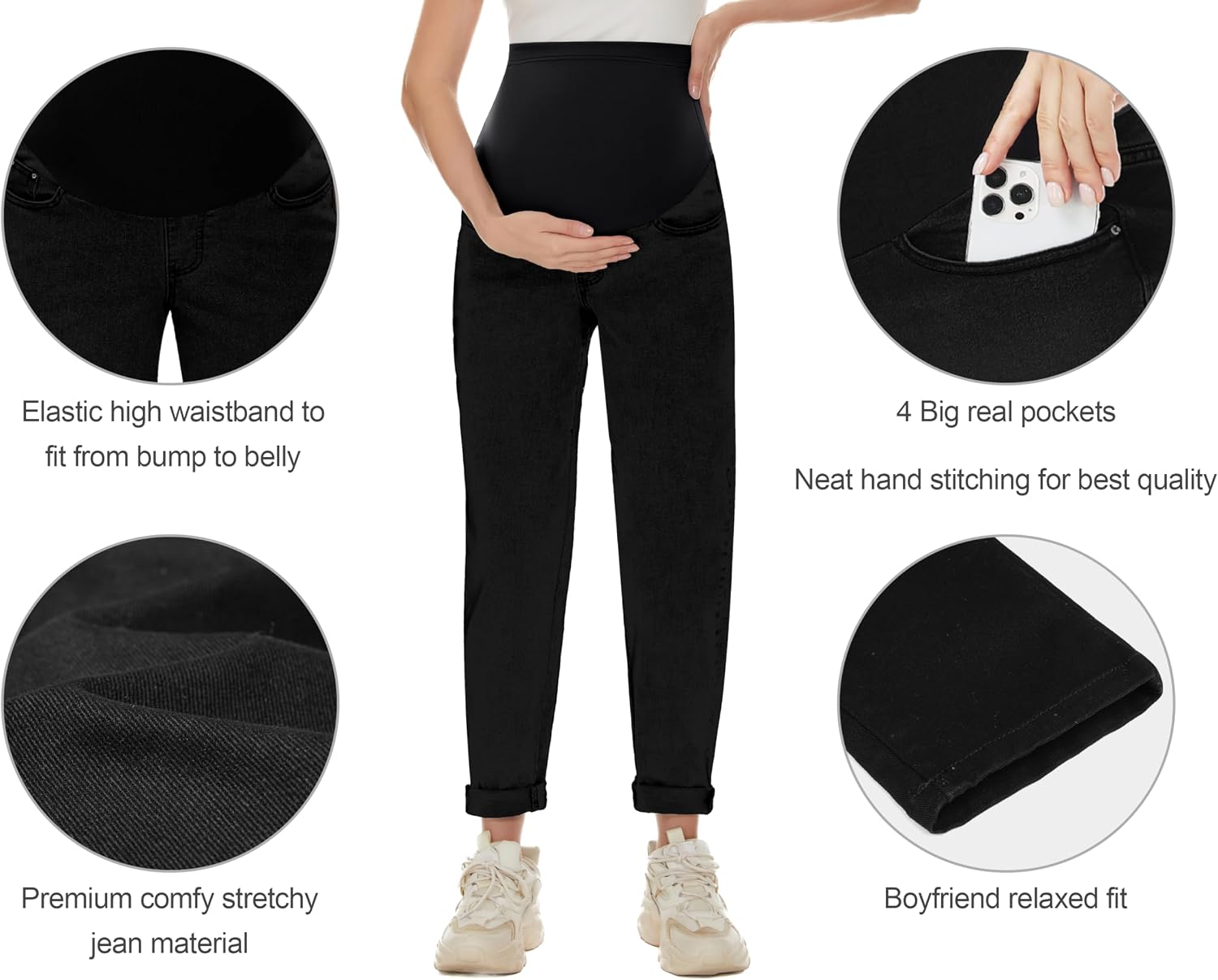 Detalle de POSHGLAM Women's Maternity Boyfriend Jeans with Over-the-Belly Panel