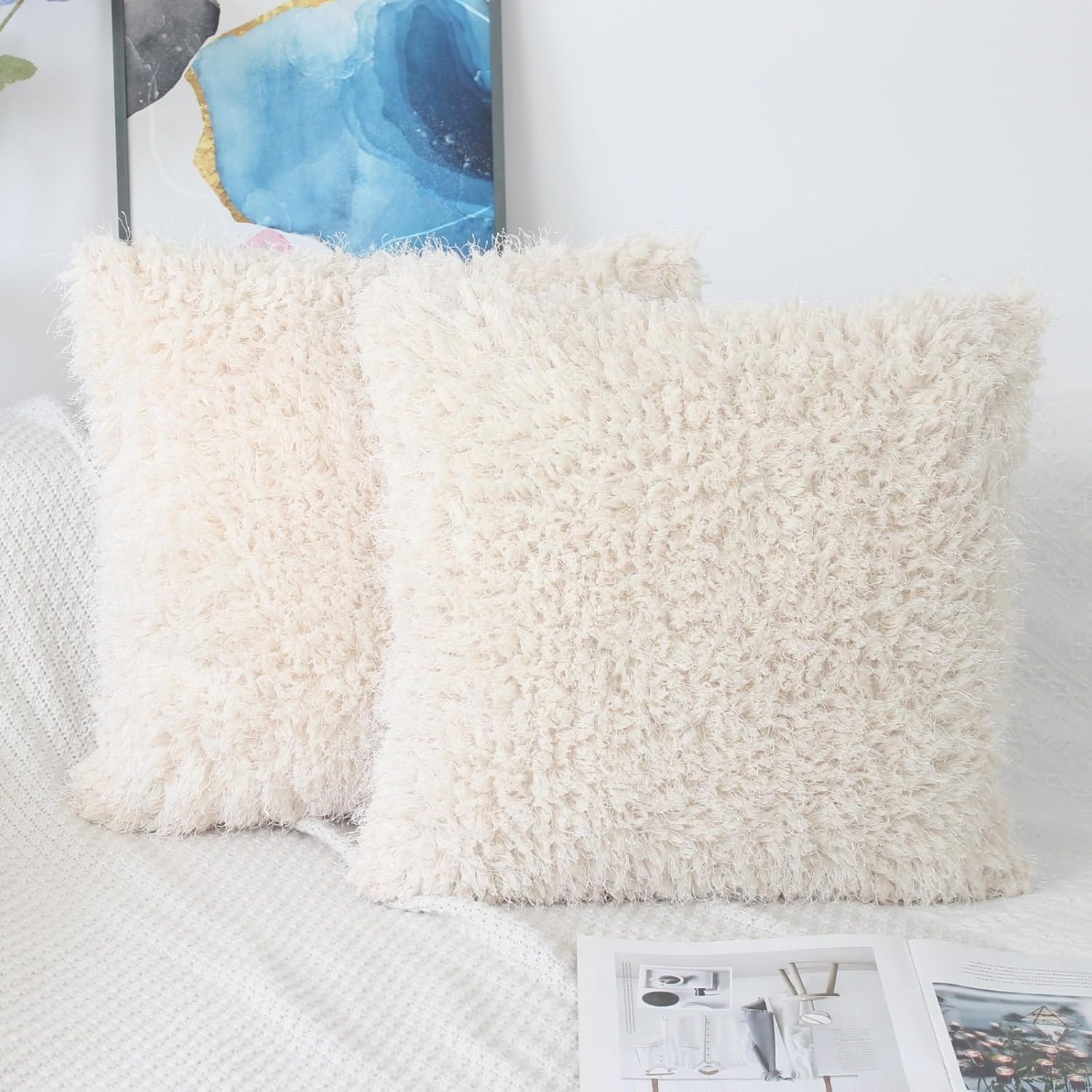 OYIMUA Sherpa & silk-style faux fur cushion covers (50cm x 50cm), beige, set of 2