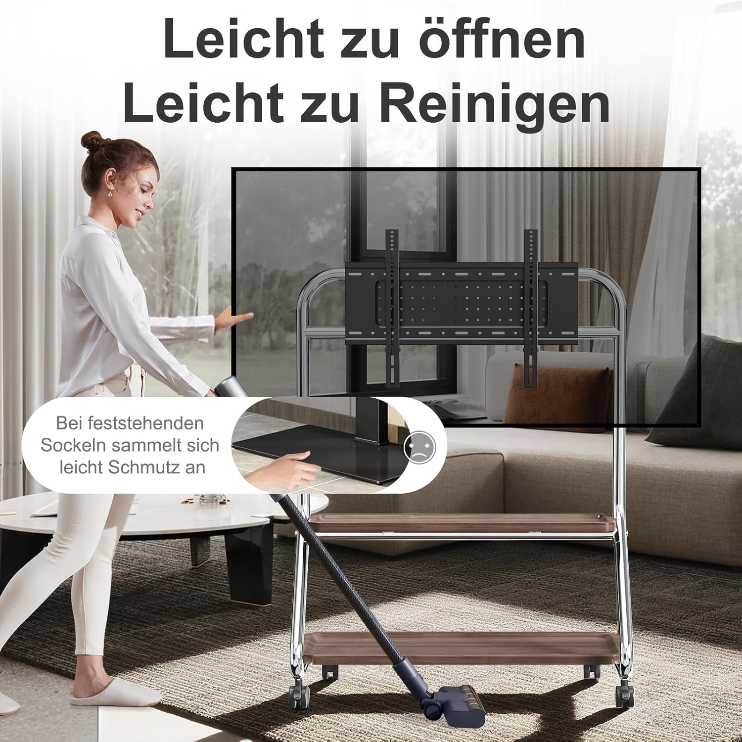 Detalle de TV-Ständer mit Rollen für 40–75 Zoll Fernseher bis 50 kg – höhenverstellbar, universell, Silber
