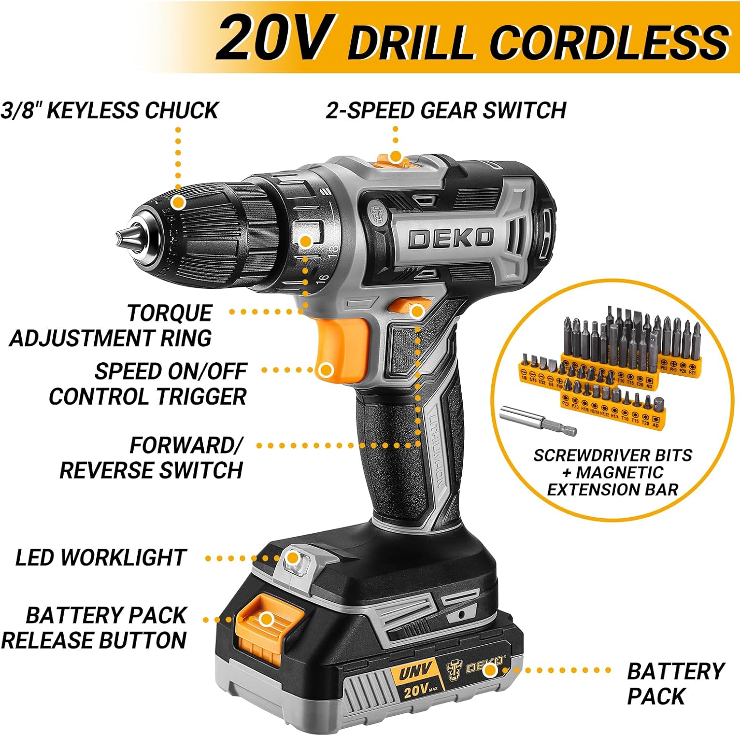 Detalle de DEKO Cassetta Attrezzi Completa 20V con Trapano Avvitatore a Batteria, 186 Pezzi – Set Professionale per Casa e Lavori di Fai-da-te