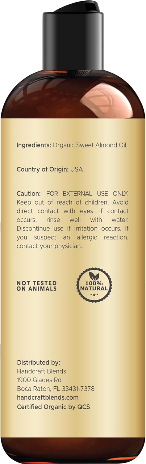 Detalle de Handcraft Blends Organic Sweet Almond Oil (8 fl oz) — 100% Pure Carrier Oil for Skin, Hair & Massage