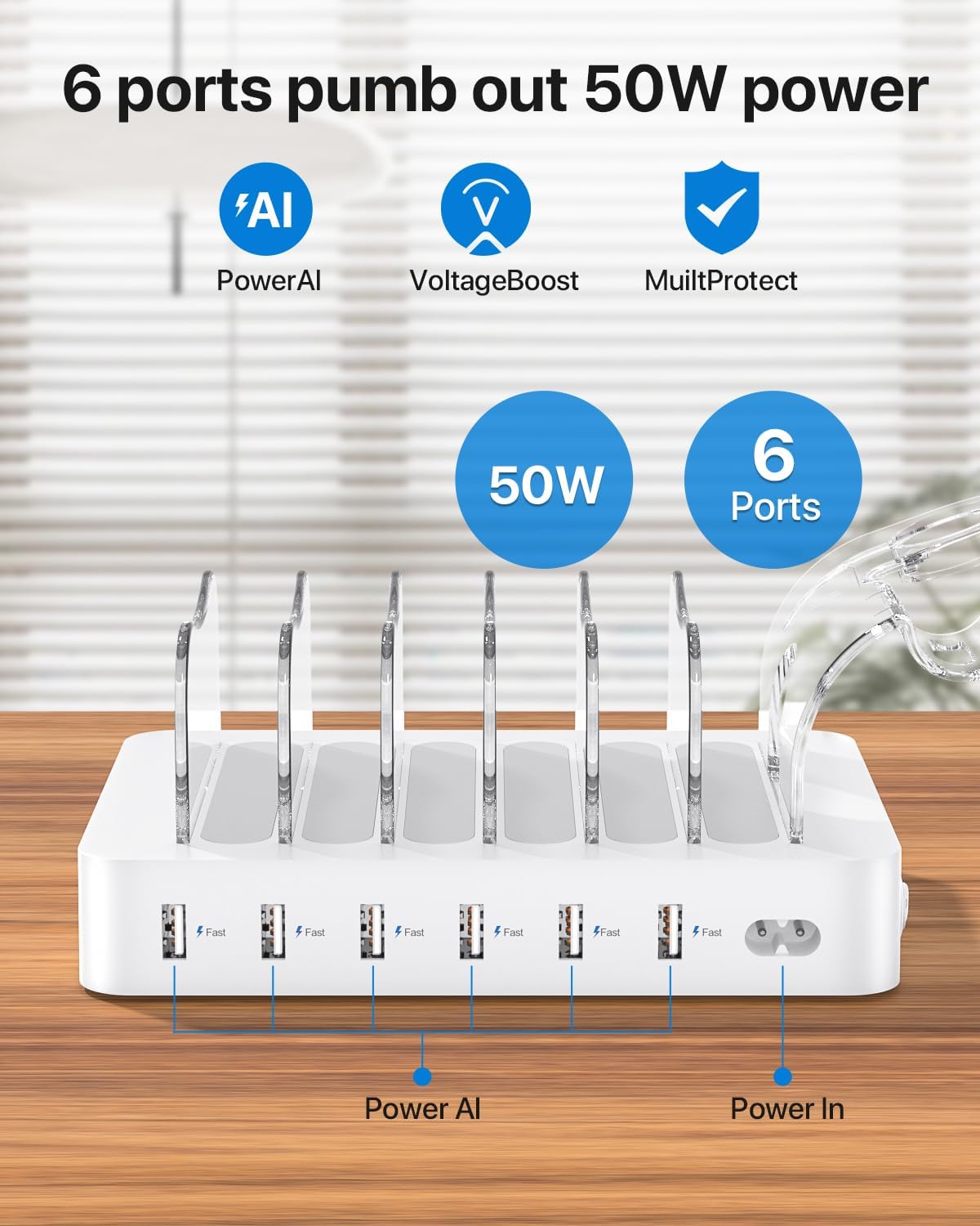 Detalle de SooPii 6-Port USB Charging Station Organiser (50W) with Cable Set and i-Watch/AirPods Holder, White