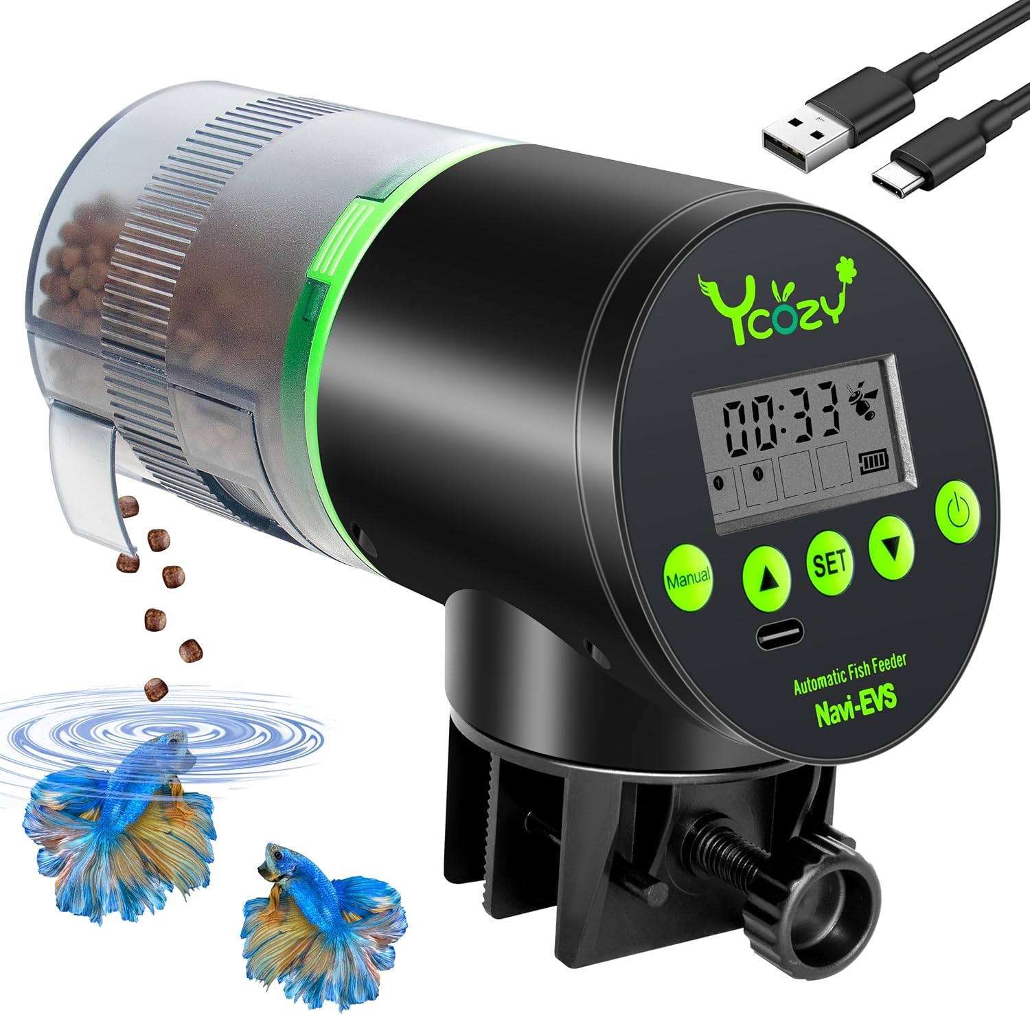 Ycozy Mangiatoia Automatica per Acquario Navi-EVS – Alimentatore Mangiatoia USB Ricaricabile per Pesci, 600 L