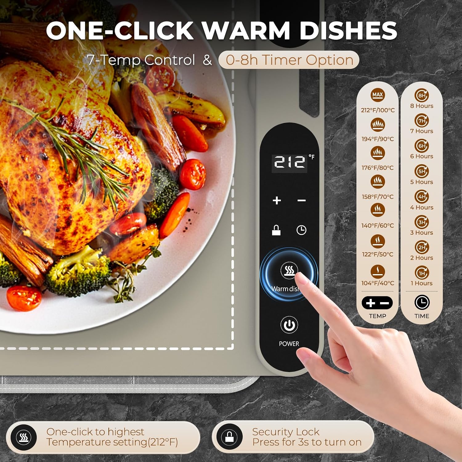 Detalle de Homelove D-2797 Food Warming Mat, 7 Heat Settings, 8-Hour Timer