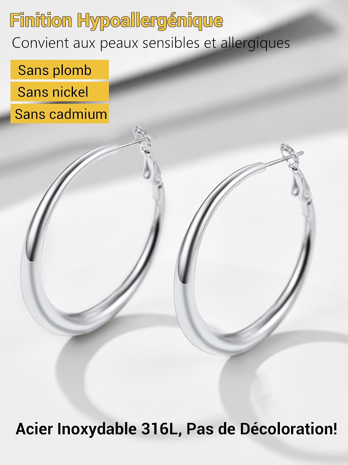 Detalle de PROSTEEL Créoles Femme en acier inoxydable 316L 40/60/80 mm – anneau type hoop
