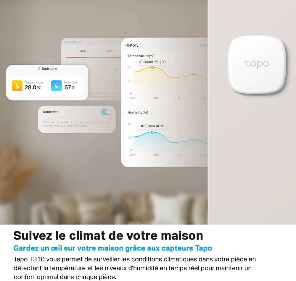 Detalle 2 de Tapo Thermomètre Intérieur Connecté WiFi (T310) – Hygromètre/Température précis avec alertes et rapports, nécessite Tapo Hub H100