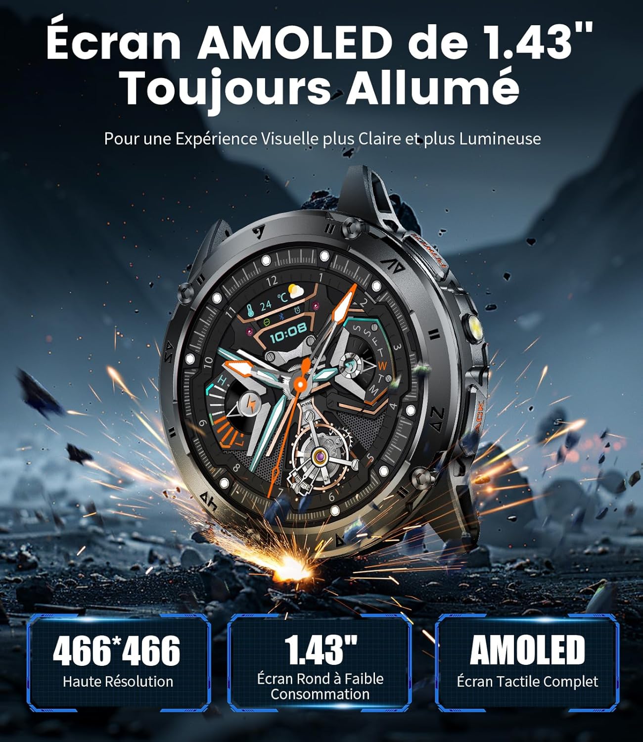 Thumbnail 1 de BENYAR SMART Montre Connectée Militaire 1.43" AMOLED – Bluetooth, IP68, 110+ Sports, Acier Noir