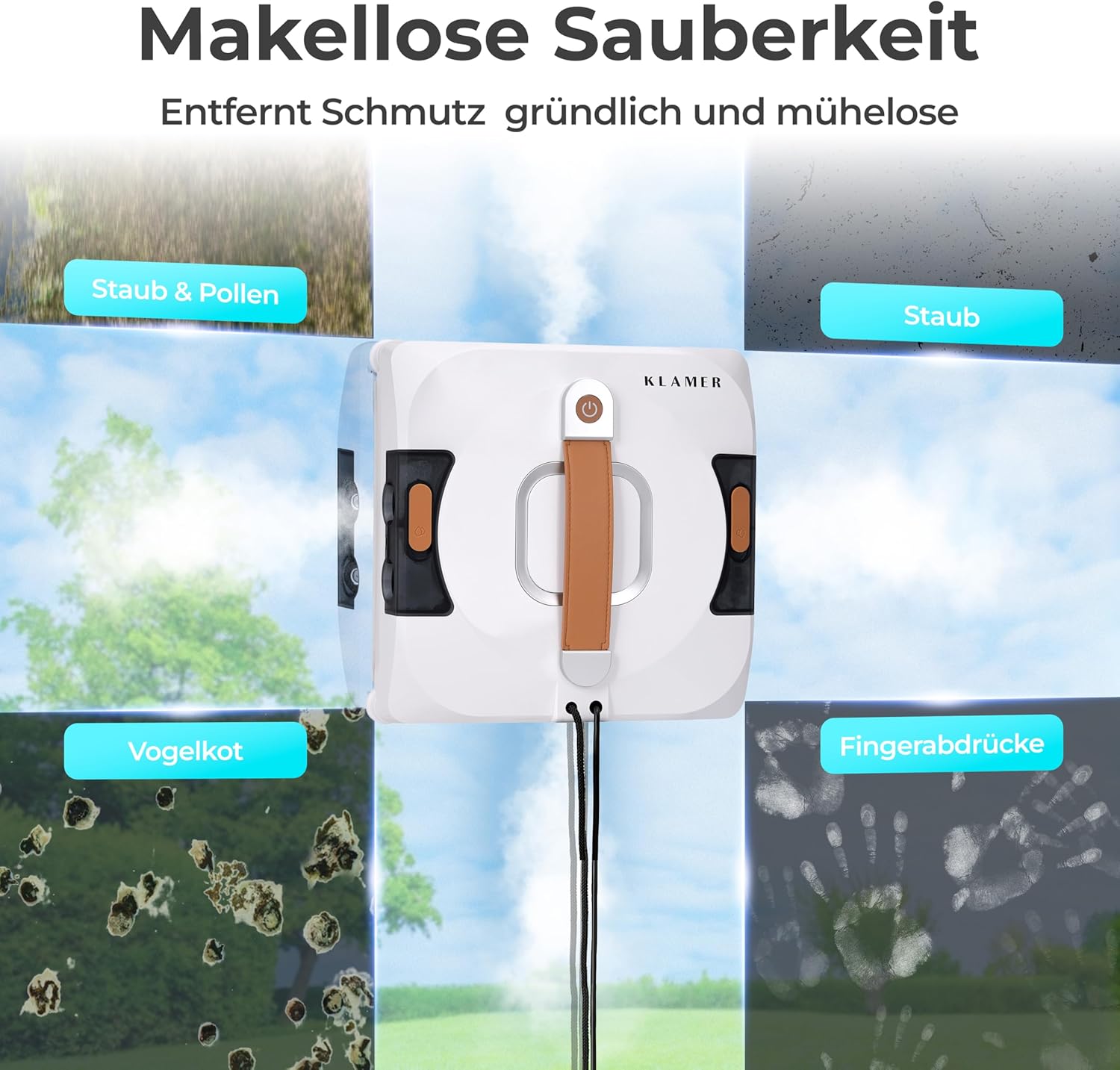 Detalle de KLAMER Fensterputzroboter 3500 Pa – automatischer Fensterreiniger mit 100 ml Doppelwassertank