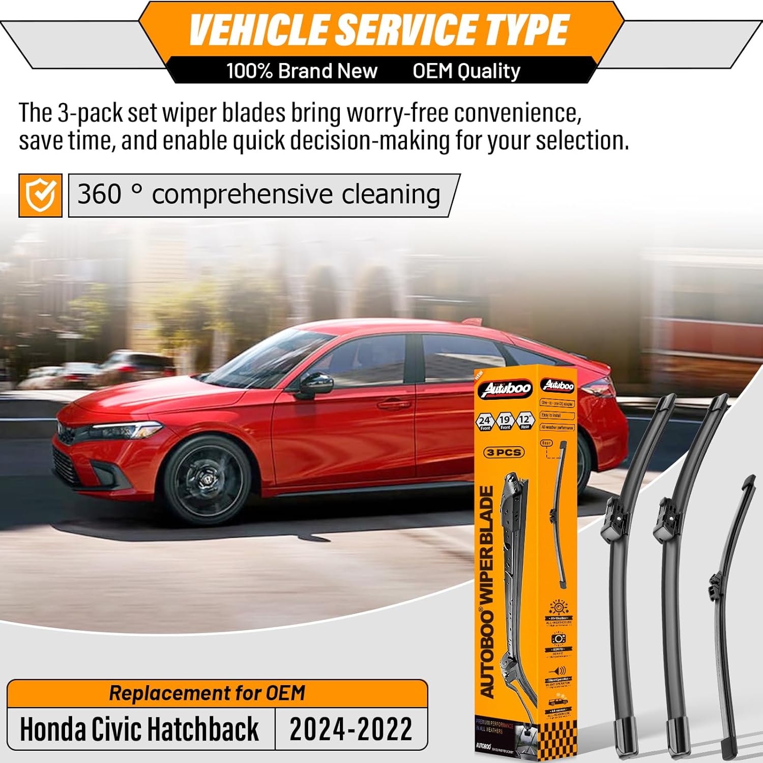 Thumbnail 1 de AUTOBOO 24" + 19" Windshield Wiper Blades Replacement for 2022–2024 Honda Civic Hatchback (Pack of 3)