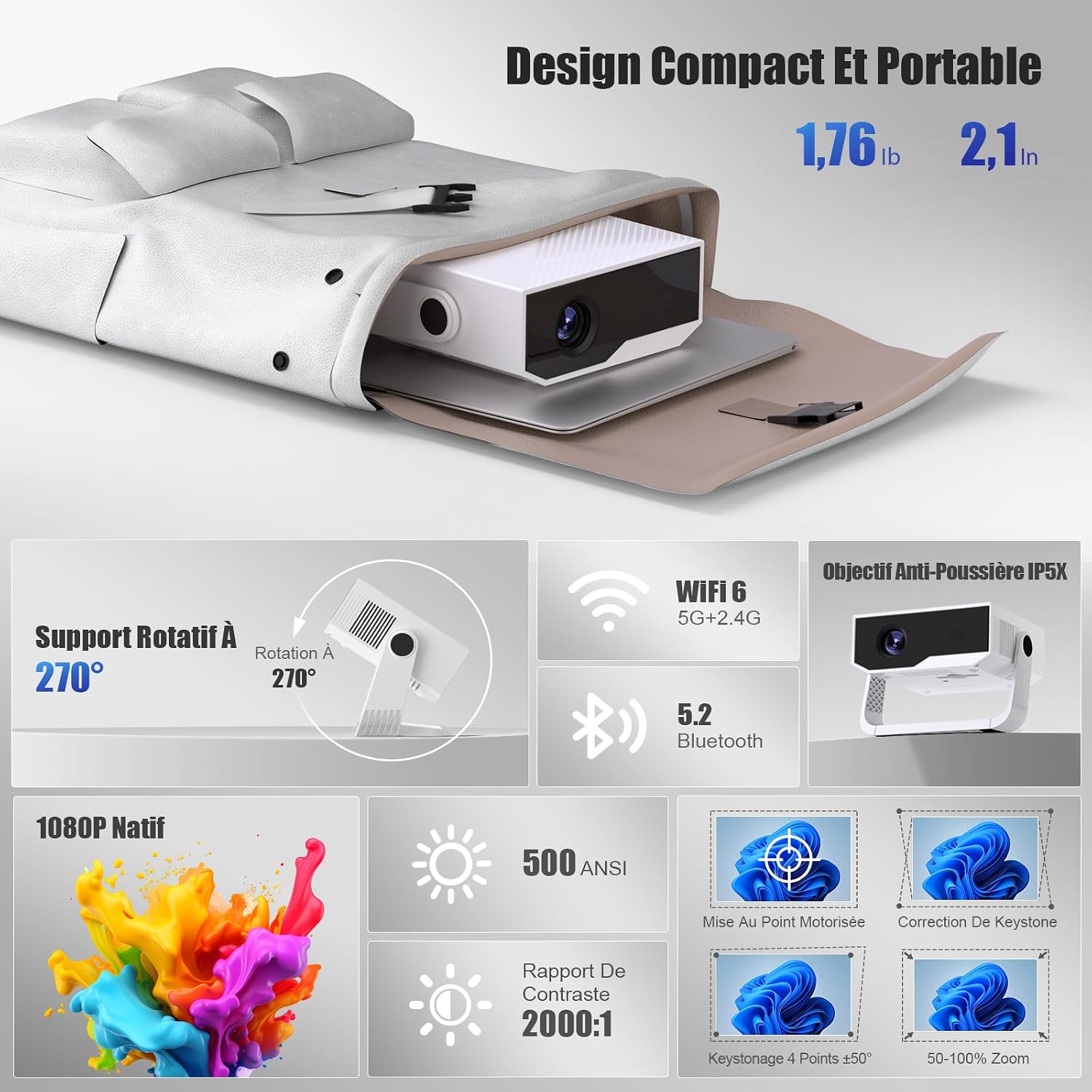 Detalle de Android 14 Videoprojecteur 4K & 1080p – 270°, WiFi 6 et Bluetooth 5.2, portable, 300 ANSI lumens