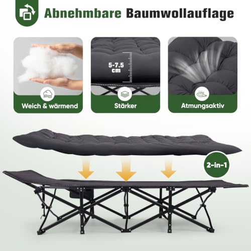 Detalle de Sekey Feldbett Klappbar XXL – 190 x 71 x 35 cm, inkl. Matratze, robustes Feldbett für Garten und Camping