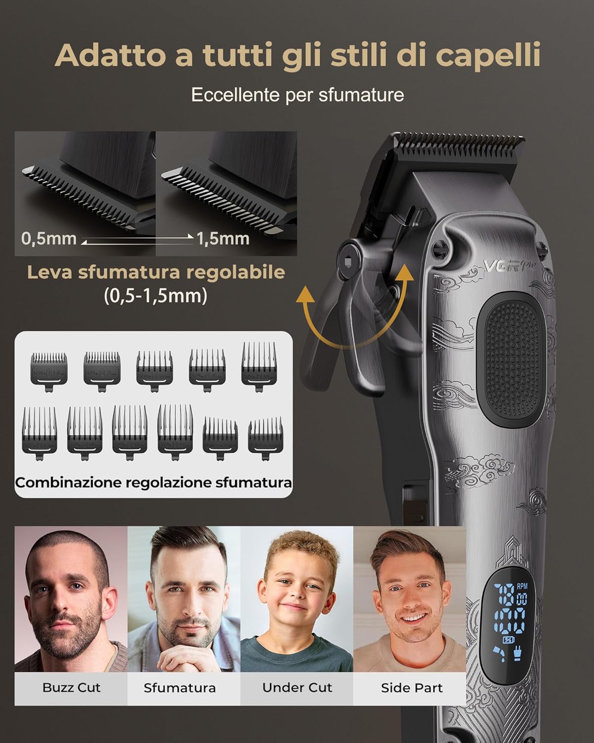 Thumbnail 2 de VGRPRO Tagliacapelli uomo professionale senza fili con trimmer 4-in-1 e 9 pettini guida (set completo, grigio)