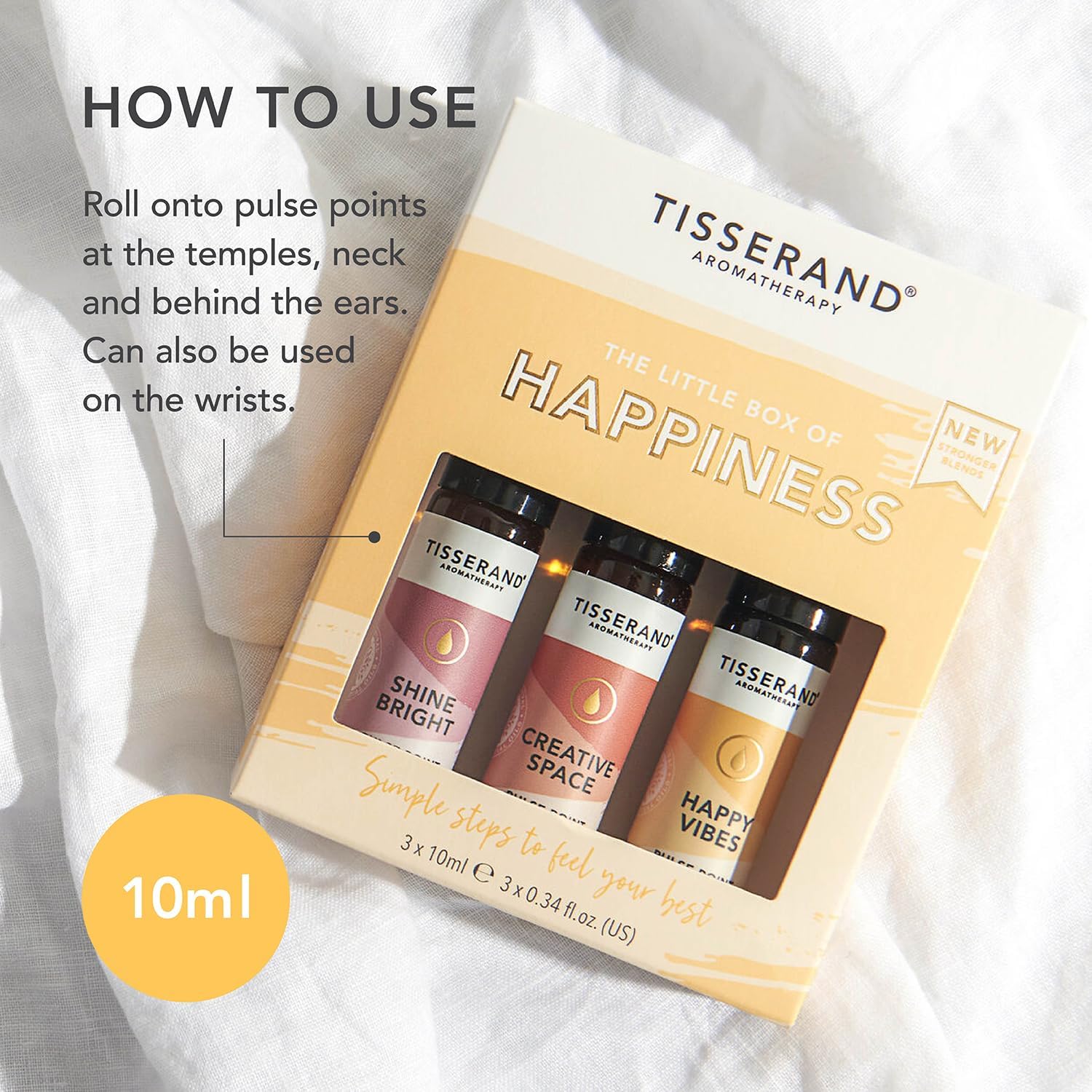 Detalle de Tisserand The Little Box of Happiness: Shine Bright, Creative Space & Happy Vibes — 3x10ml Pure Essential Oil Roll-Ons