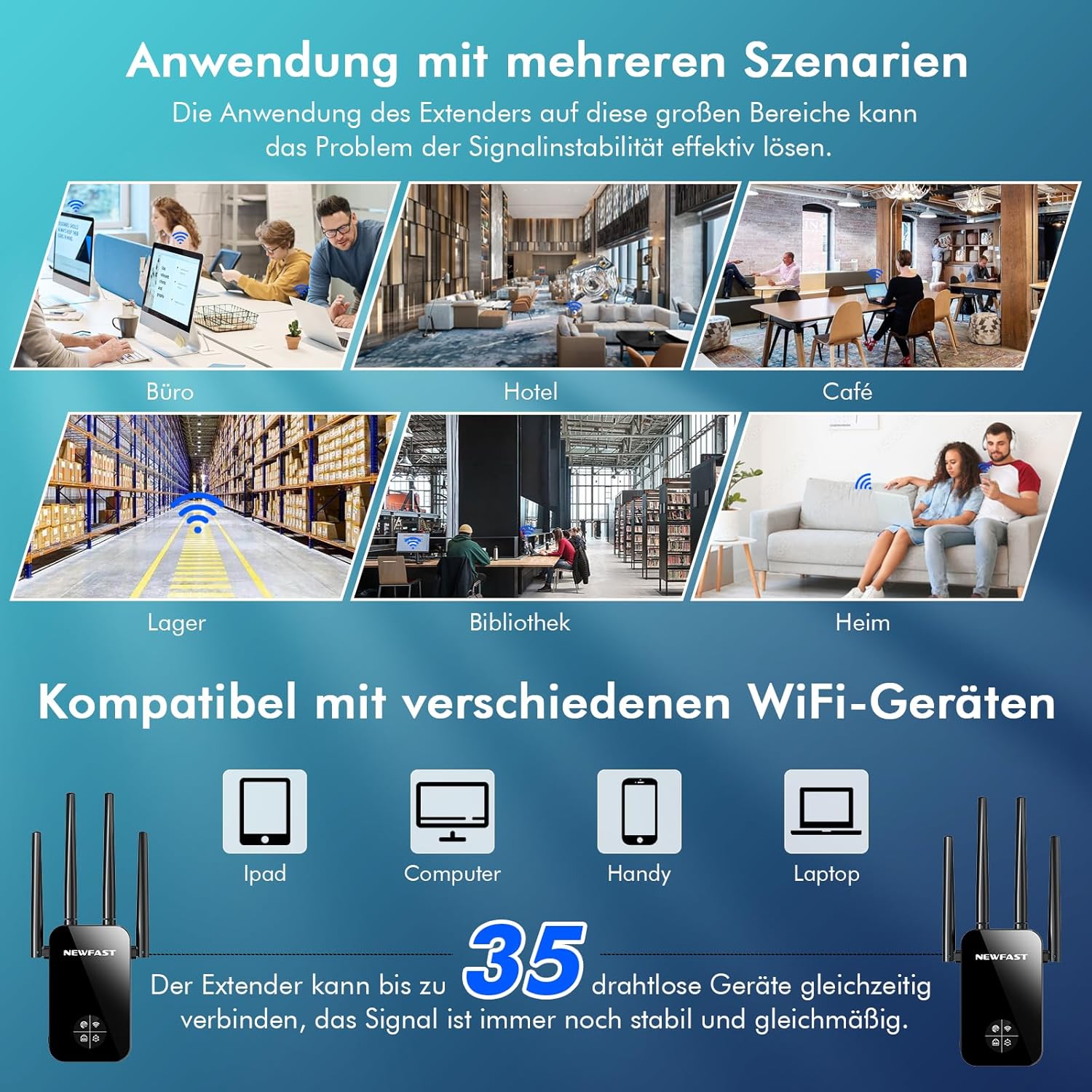 Thumbnail 4 de NEWFAST WLAN Verstärker 1200 Mbps Dual-Band Repeater mit 4 schwenkbaren Antennen und WPS