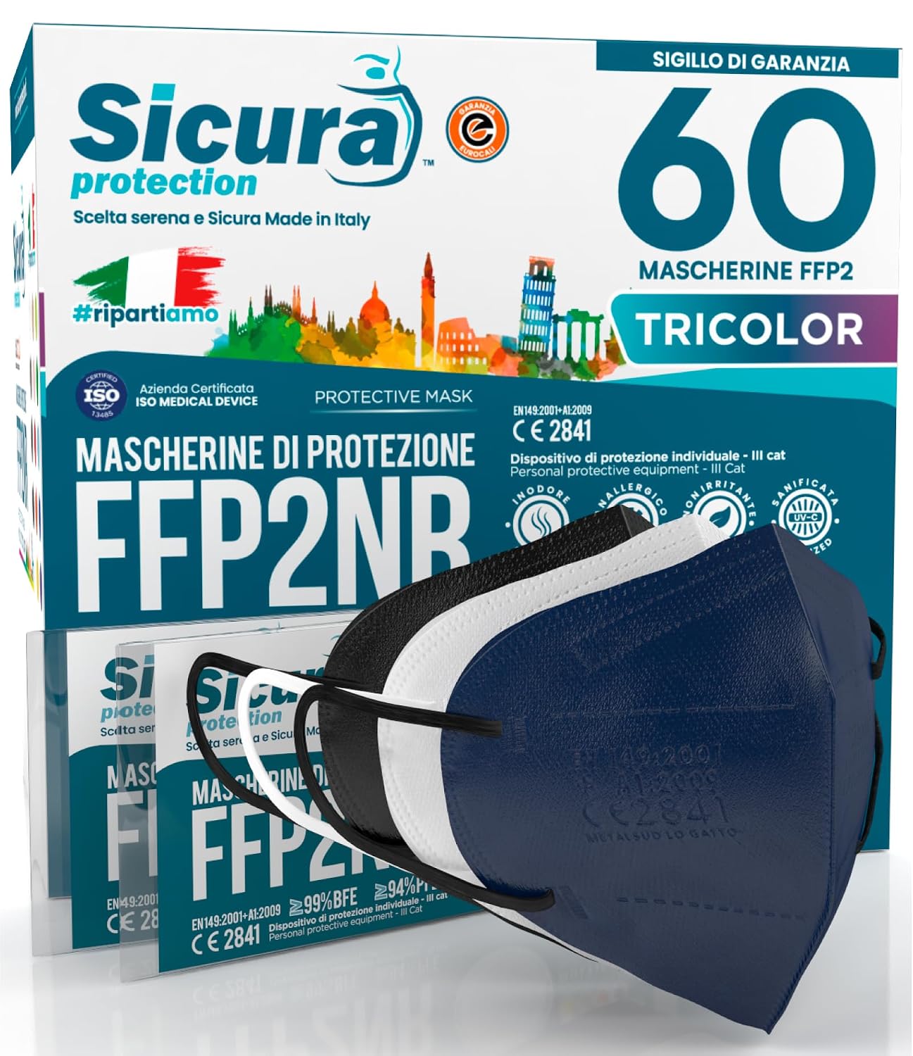 60 Mascherine FFP2 Certificate CE Colorate (20+20+20) – Made in Italy, Sicura Protection