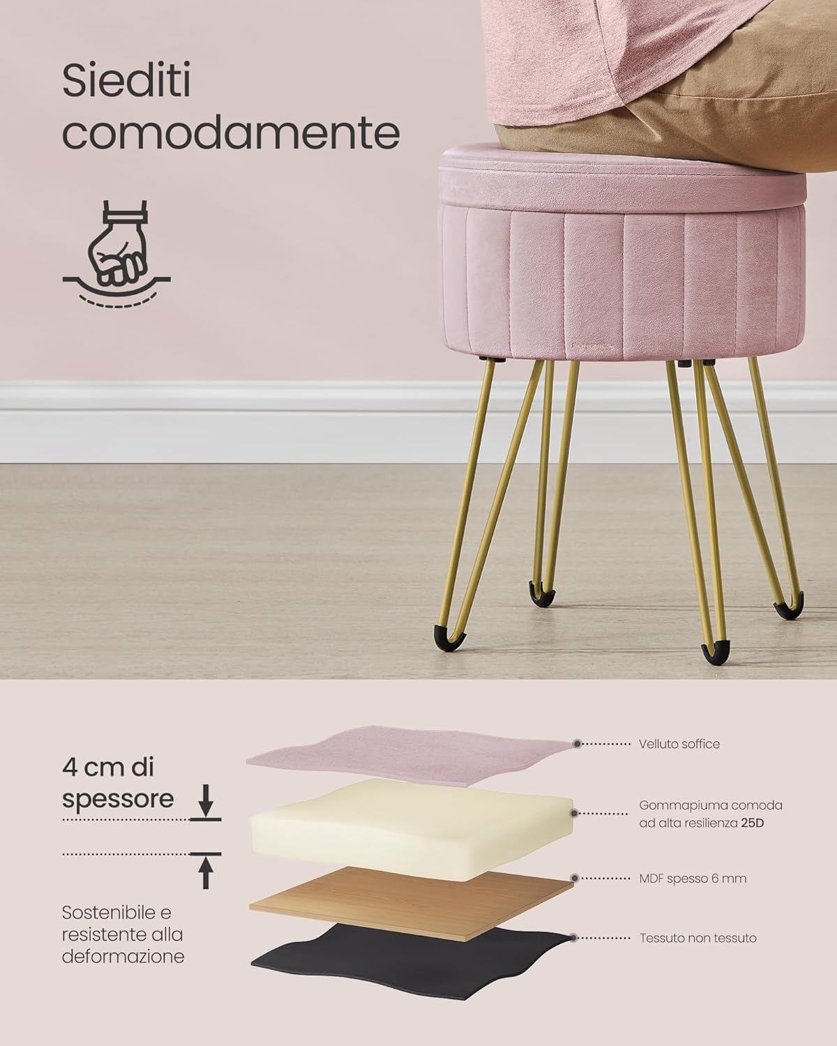 Thumbnail 4 de SONGMICS Sgabello Pouf Contenitore in Velluto Rosa Pastello – Cassapanca Rotonda, 39 x 44,4 cm