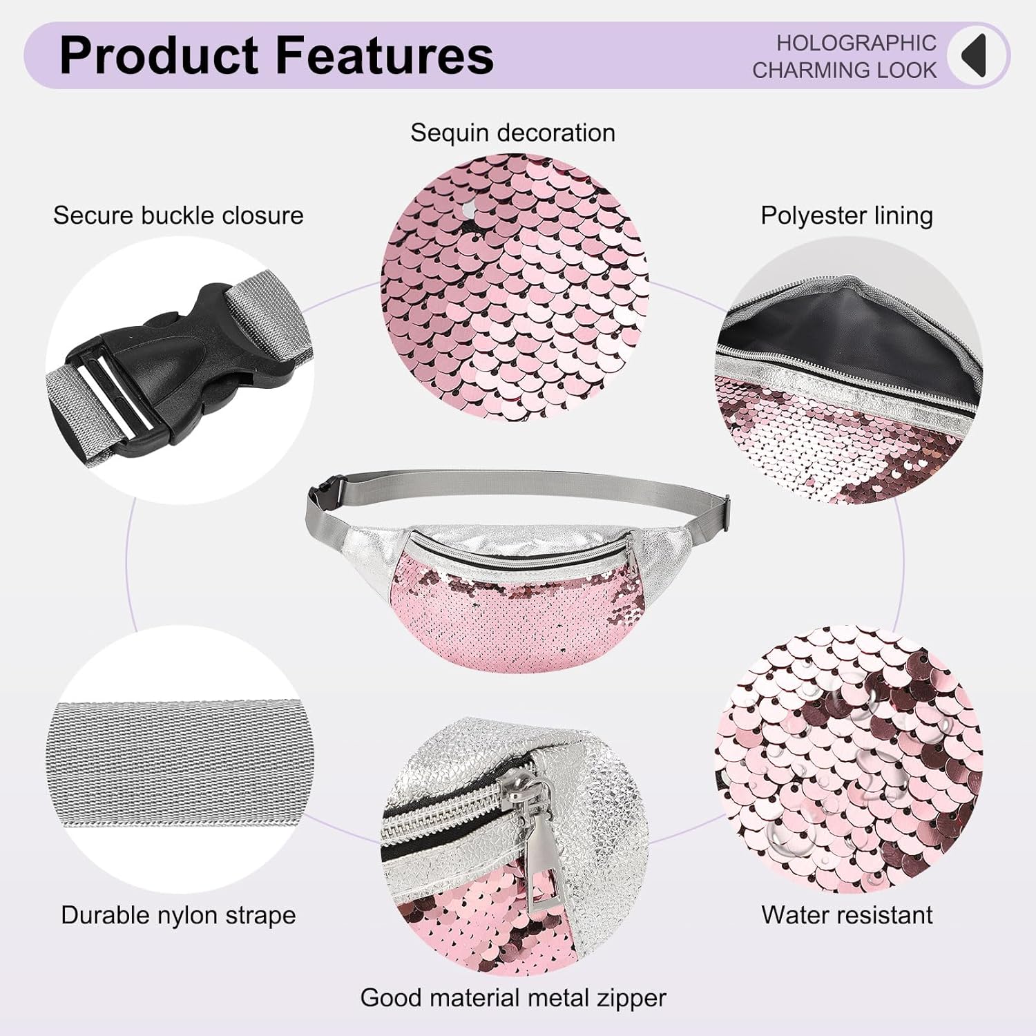 Detalle de DTGN Sequined Fanny Pack for Women: Shiny Pink Waist Bag with Adjustable Belt