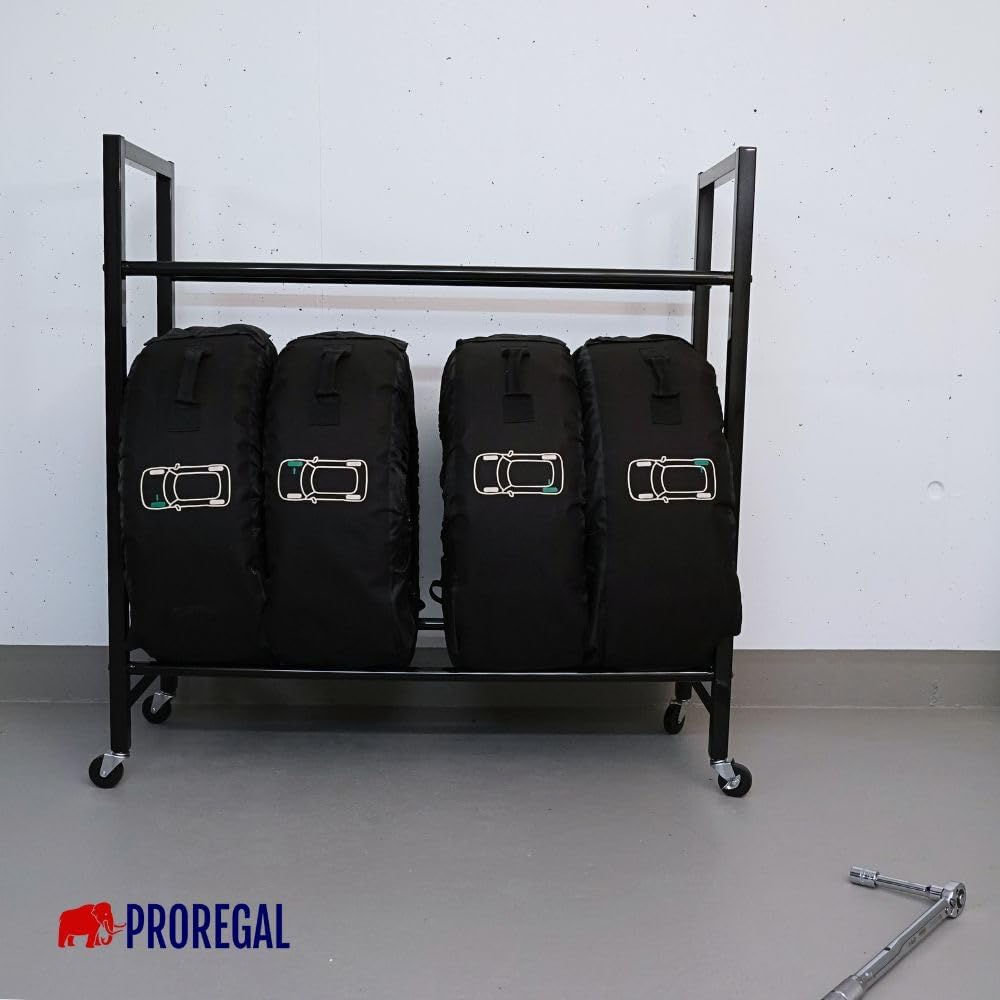 Detalle 2 de PROREGAL Carrero Étagère à pneus sur roulettes – 115 x 111 x 40 cm, jusqu’à 8 pneus sur 2 niveaux, couleur Noir