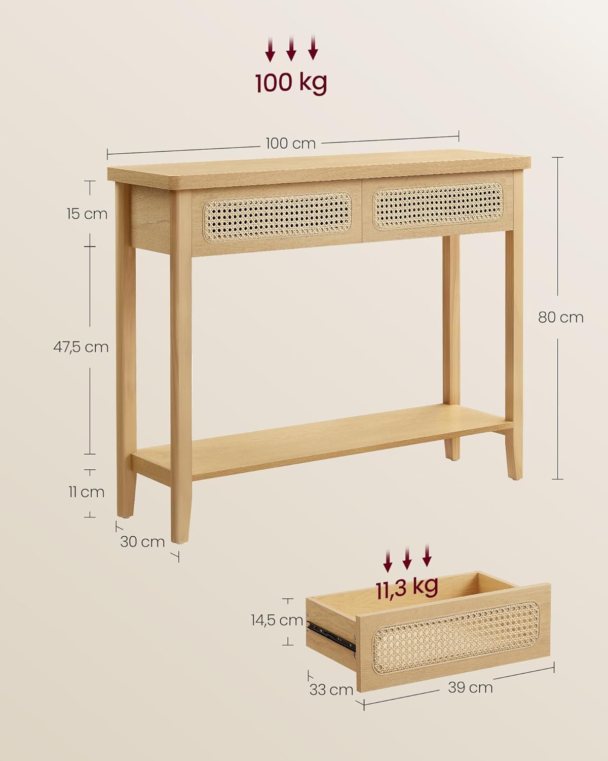 Detalle de VASAGLE Consolle Ingresso LNT016Y57 – Tavolo Consolle Boho Beige Rovere con 2 Cassetti