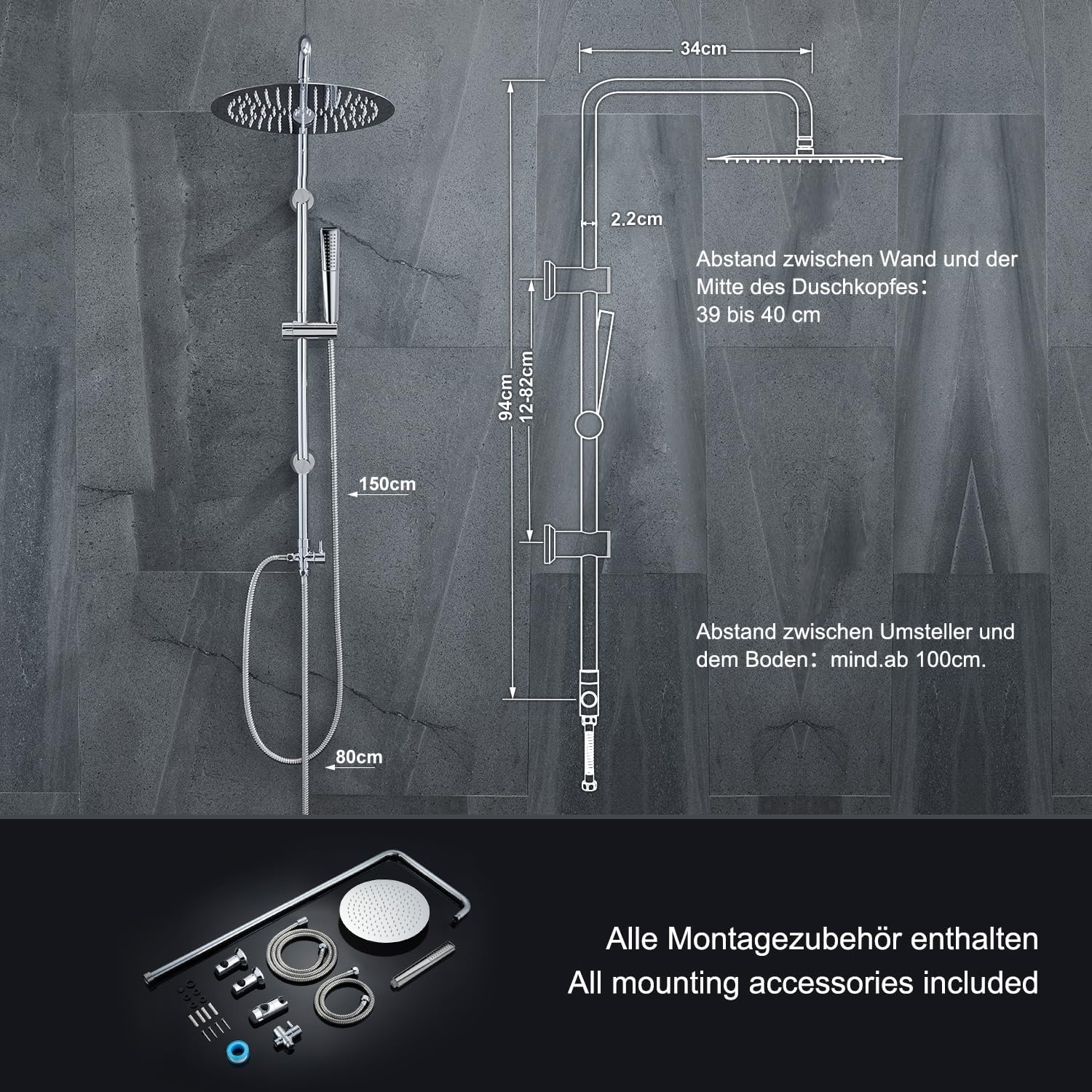 Thumbnail 5 de Colonna doccia Görbach in acciaio inox – senza miscelatore, asta 92 cm, soffione pioggia 20 cm