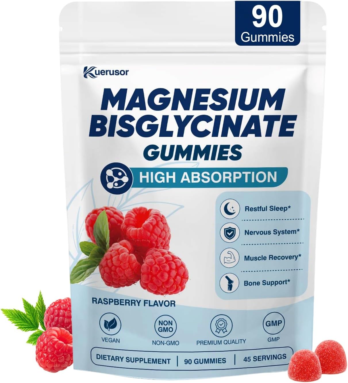 Detalle de Kuerusor Magnesium Bisglycinate Gummies, 400mg, Vegan, Sugar-Free Raspberry