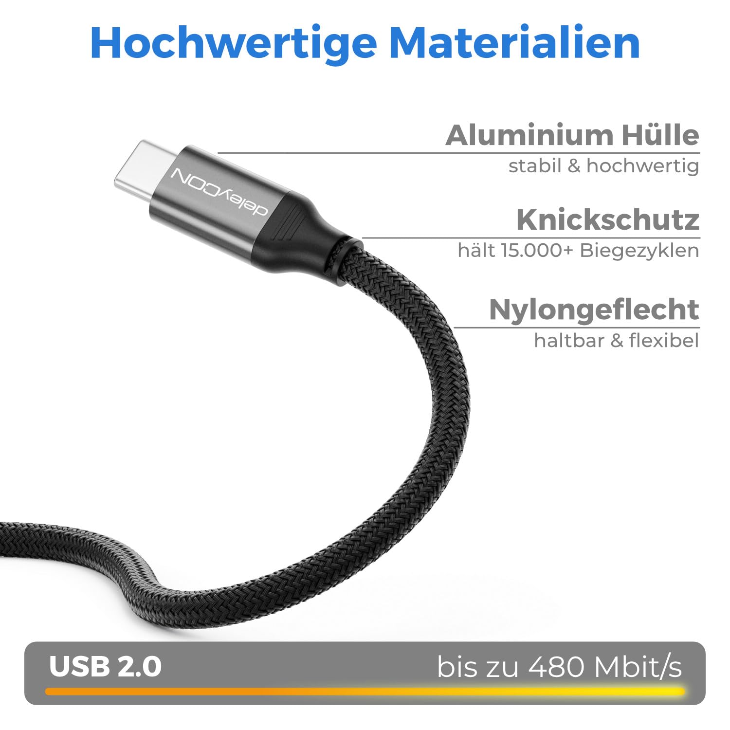 Detalle 2 de deleyCON 1,5 m USB-C Druckerkabel USB-C auf USB-B, Geflochten + Metallstecker – kompatibel mit Druckern, Scannern und MIDI