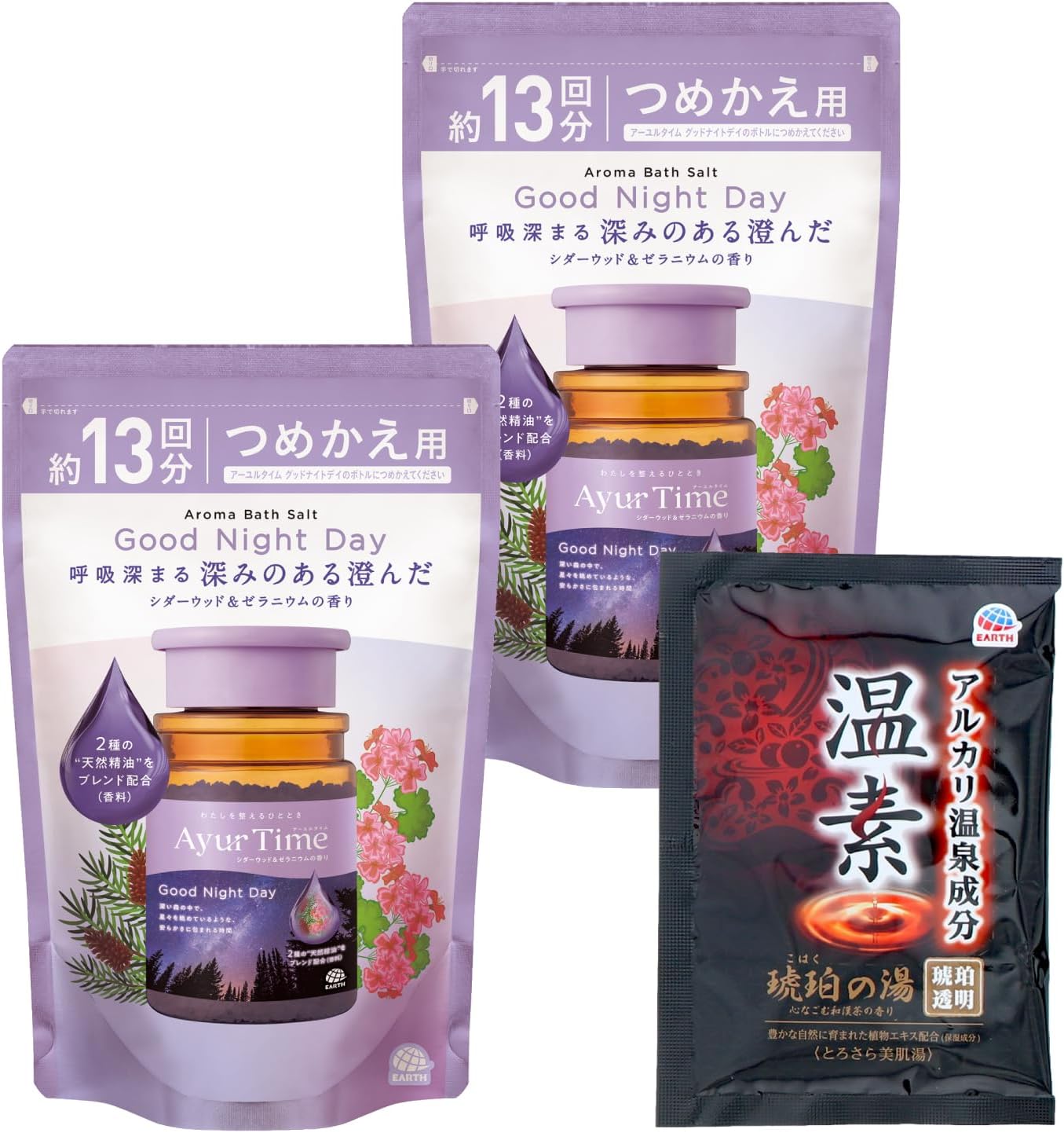 Detalle de アーユルタイム グッドナイトデイ バスソルト 詰め替え用 520g シダーウッド&ゼラニウムの香り