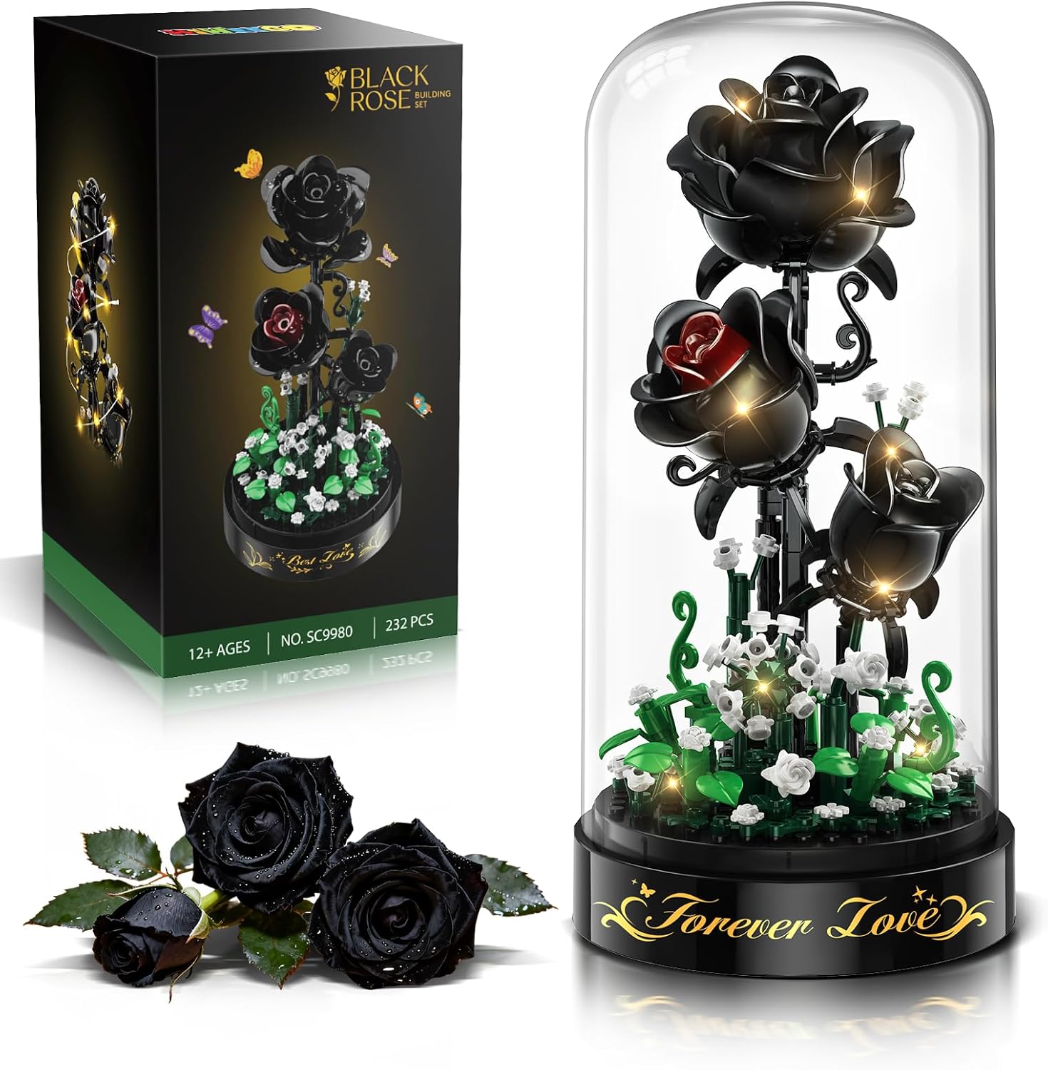 Detalle de HiWEEGO Flower Building Set with LED Light - 232 PCS Black Rose Kit
