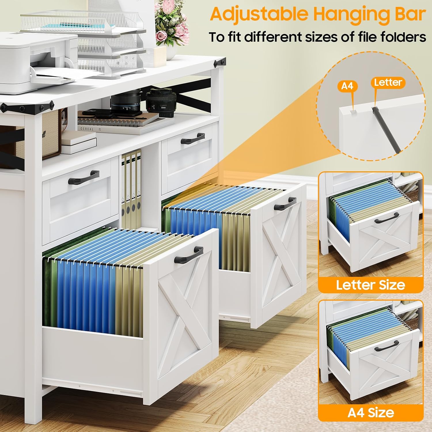 Detalle 2 de Halitaa File Cabinet with Open Storage Shelf, 4 Drawers, Cream White
