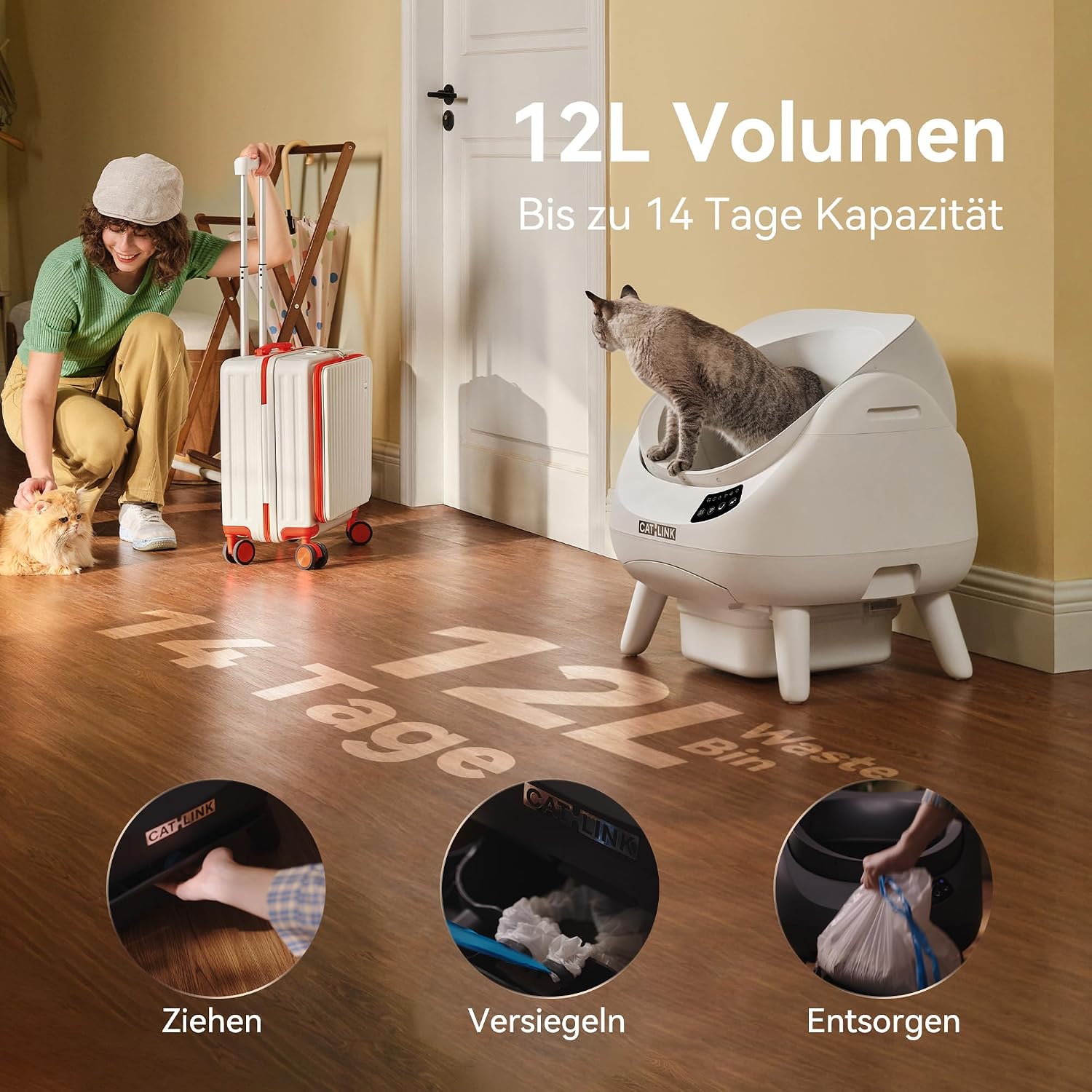 Detalle de CATLINK Selbstreinigende Katzentoilette XXL mit offenem Top-Design, 5 GHz WLAN & 12L Großvolumen (Grau)