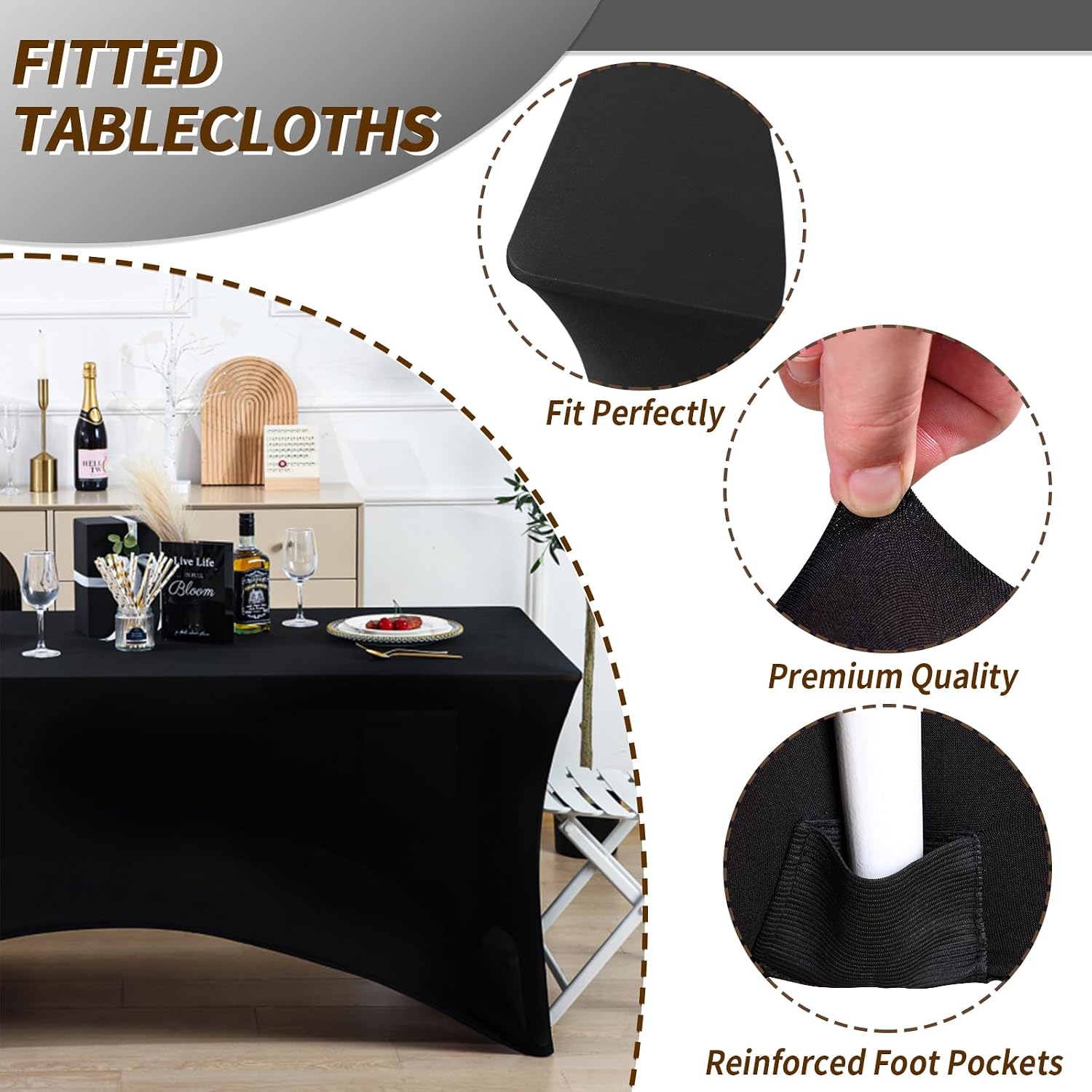 Detalle 2 de Fixwal 10 Pack 8Ft Black Spandex Fitted Tablecloths (Rectangle) — Wrinkle-Free Stretch Table Covers