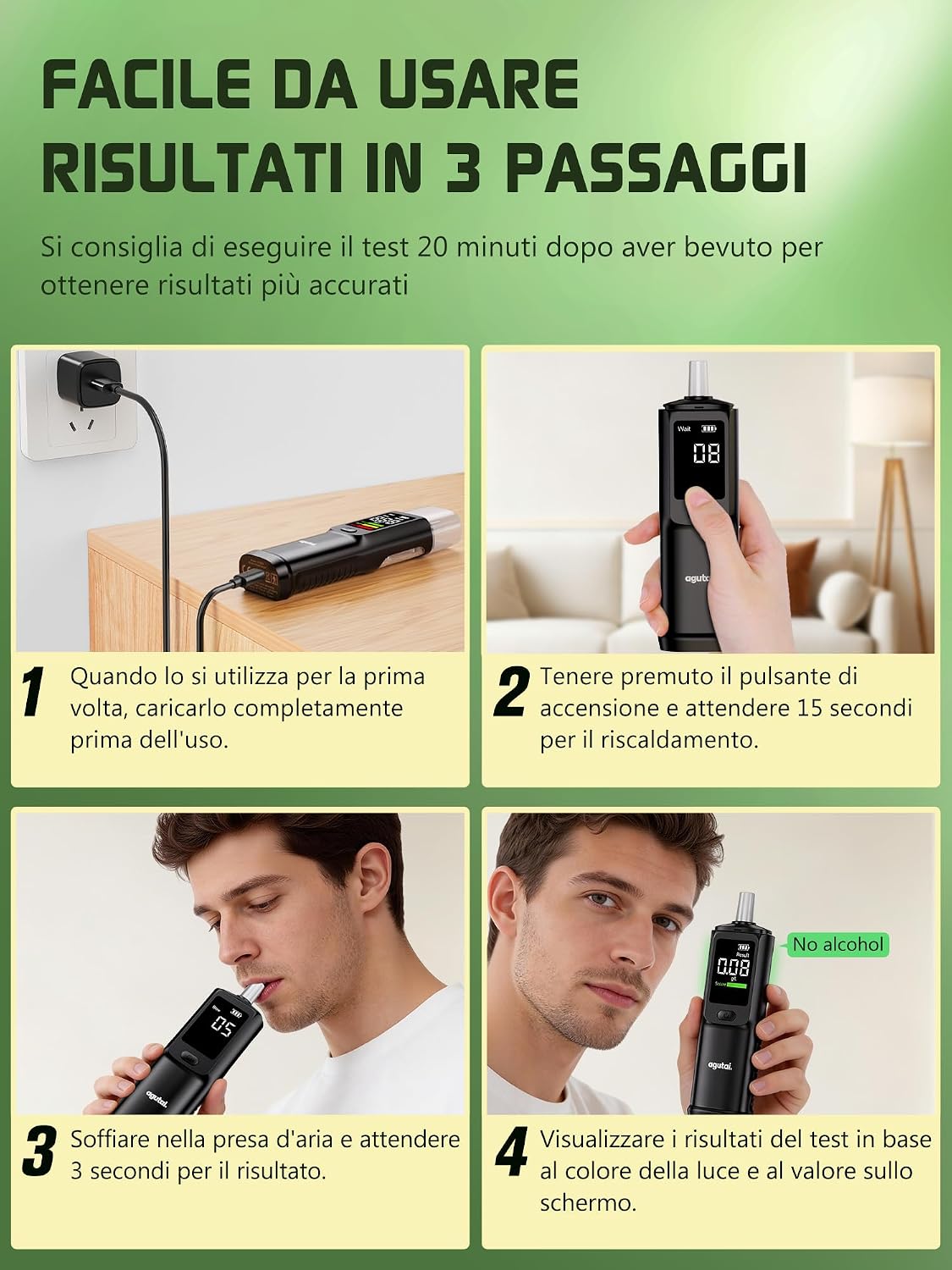 Detalle de Etilometro Portatile Certificato Alcol Test – professionale USB‑C ricaricabile con Display LCD