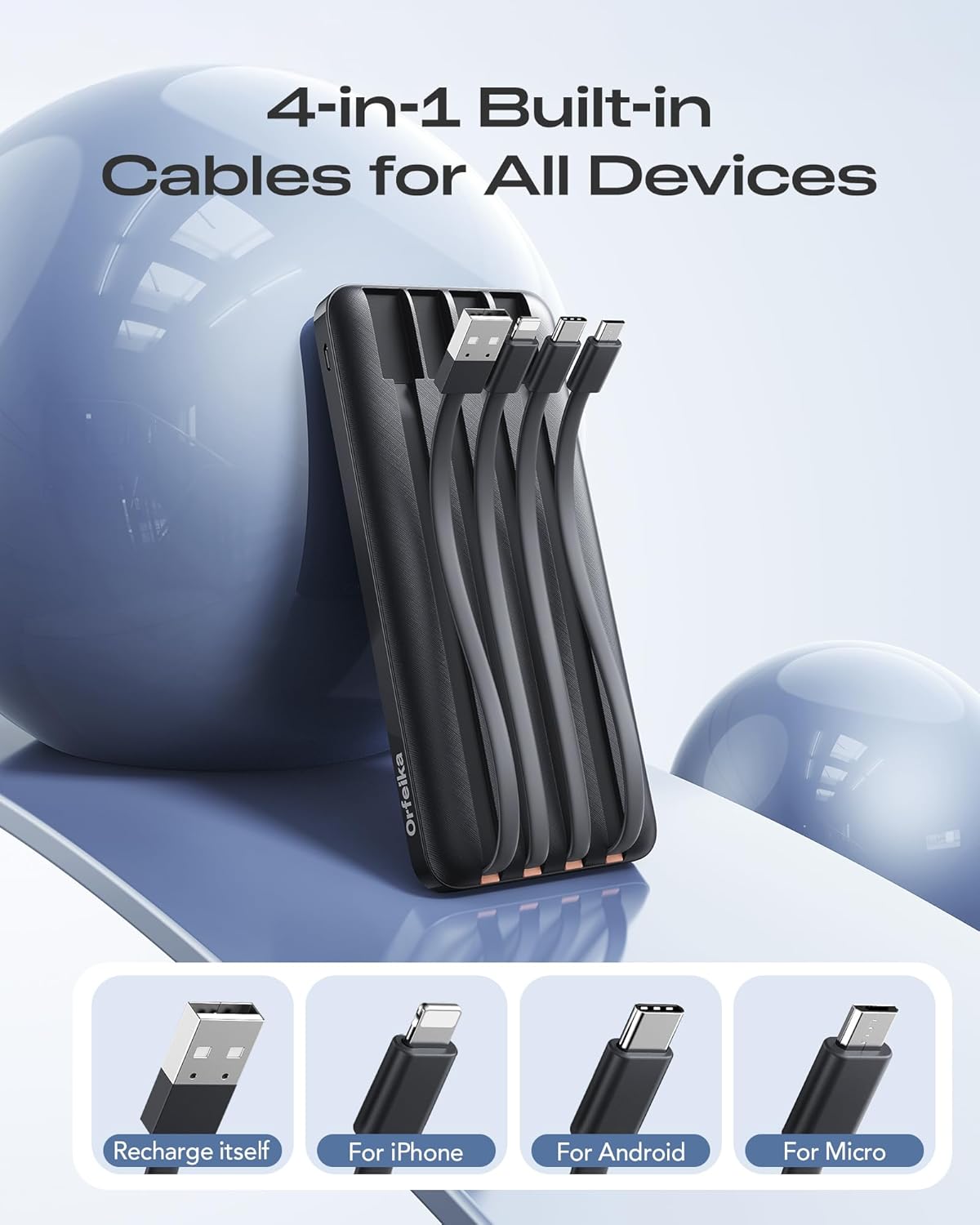Thumbnail 1 de Orfeika 20,000mAh Power Bank with 4 Built-in Cables (20W Fast Charging) and LED Display