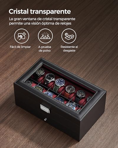 Detalle de SONGMICS Caja de Reloj con Tapa de Cristal, 2 Niveles para 12 Relojes