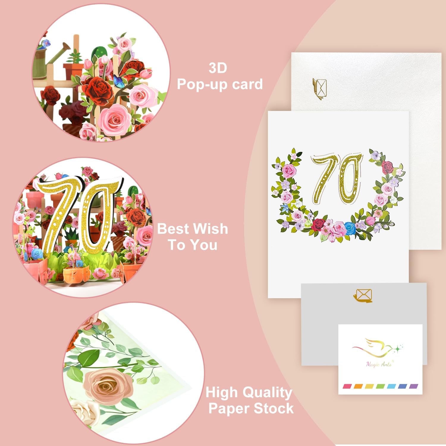 Detalle de 3D Pop-Up Karte 70. Geburtstag oder 70. Hochzeitstag – Elegante Rosenkarte mit Rosenkranz